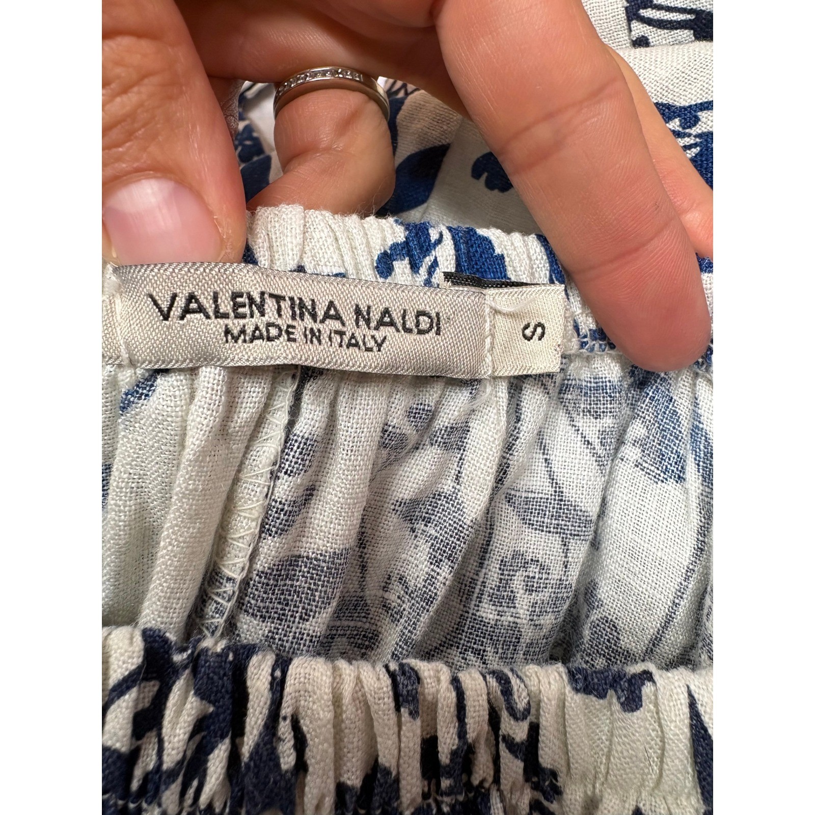 Valentina Naldi Linen Off Shoulder Boho Floral Peasant Dress Blue White Italy S