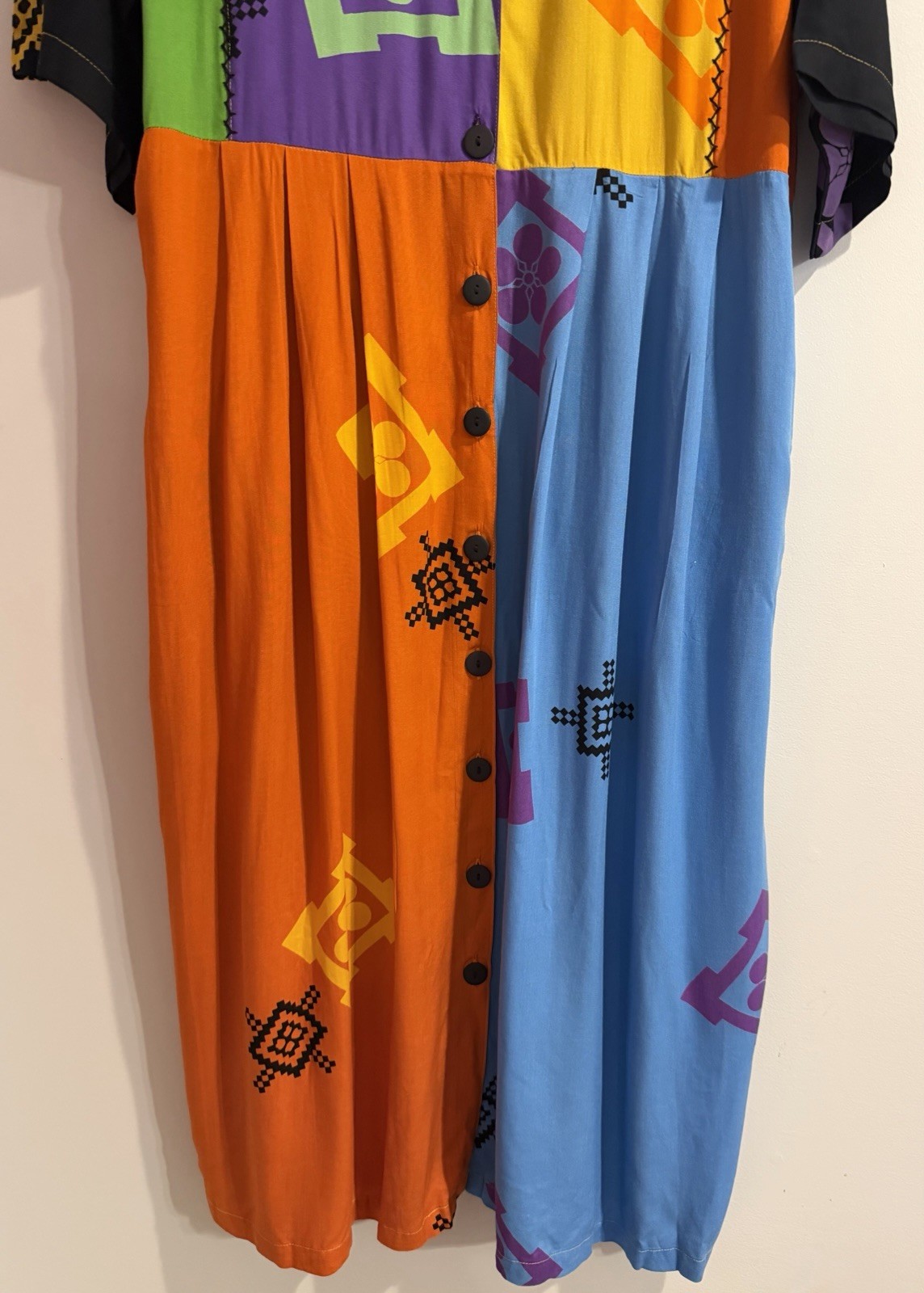We Be Bop Vintage 90s Vibrant Patchwork Geometric Rayon Boho Swing Dress 1X Midi