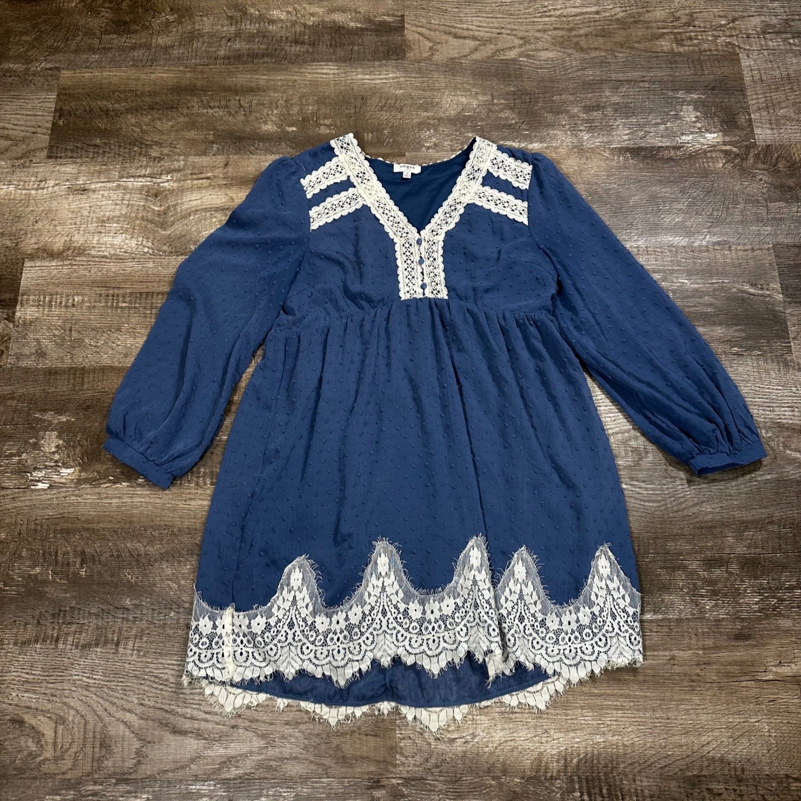 Umgee USA Blue Swiss Dot Lace Trim Babydoll Mini Dress Womens Medium Long Sleeve