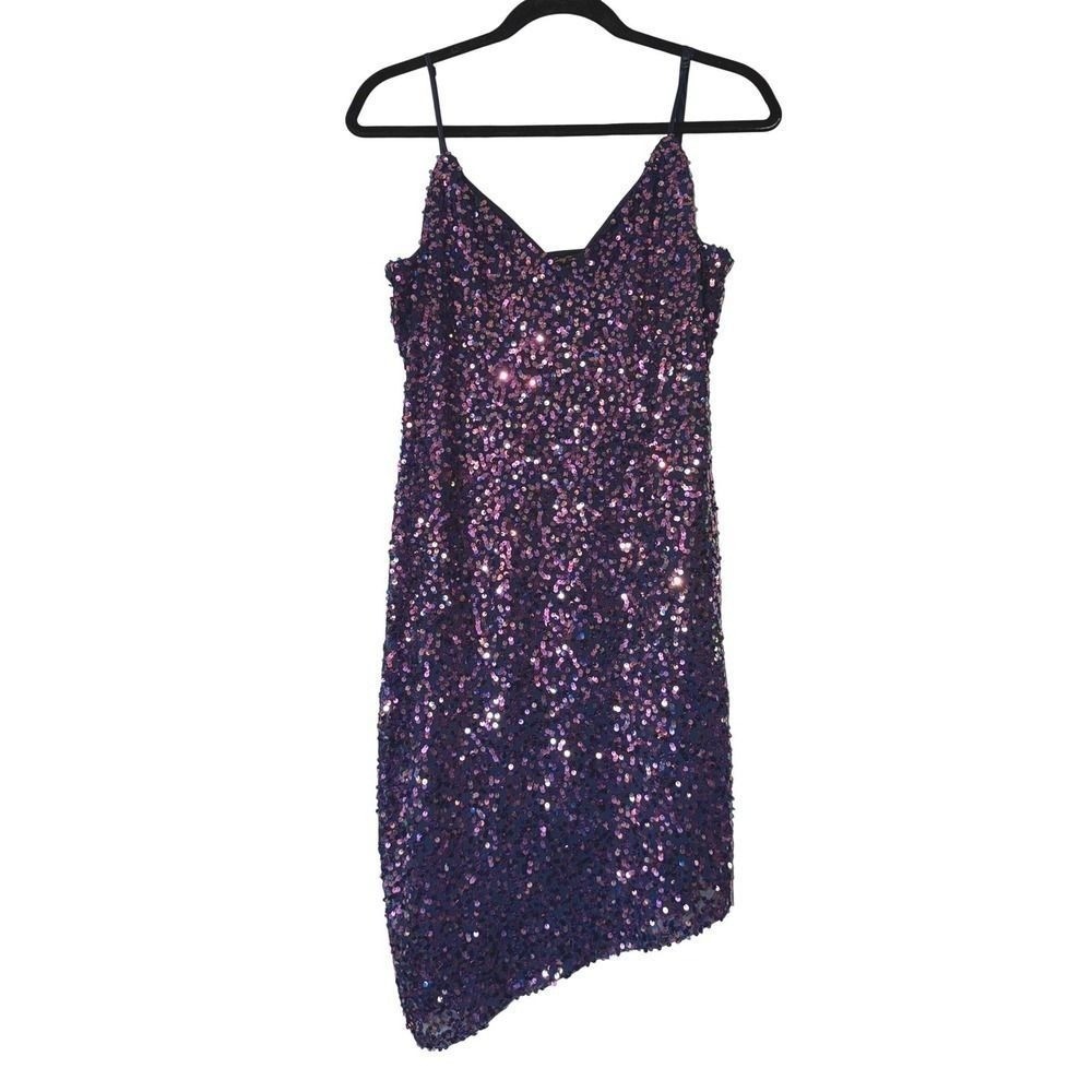 City Triangles Purple Iridescent Sequin Asymmetrical Hem Cocktail Dress