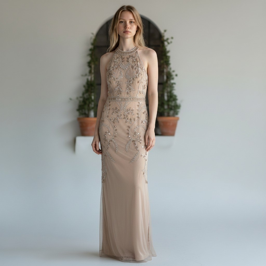 Papell Studio Beaded Sequin Halter Maxi Gown Womens 6 Tan Formal Evening Dress
