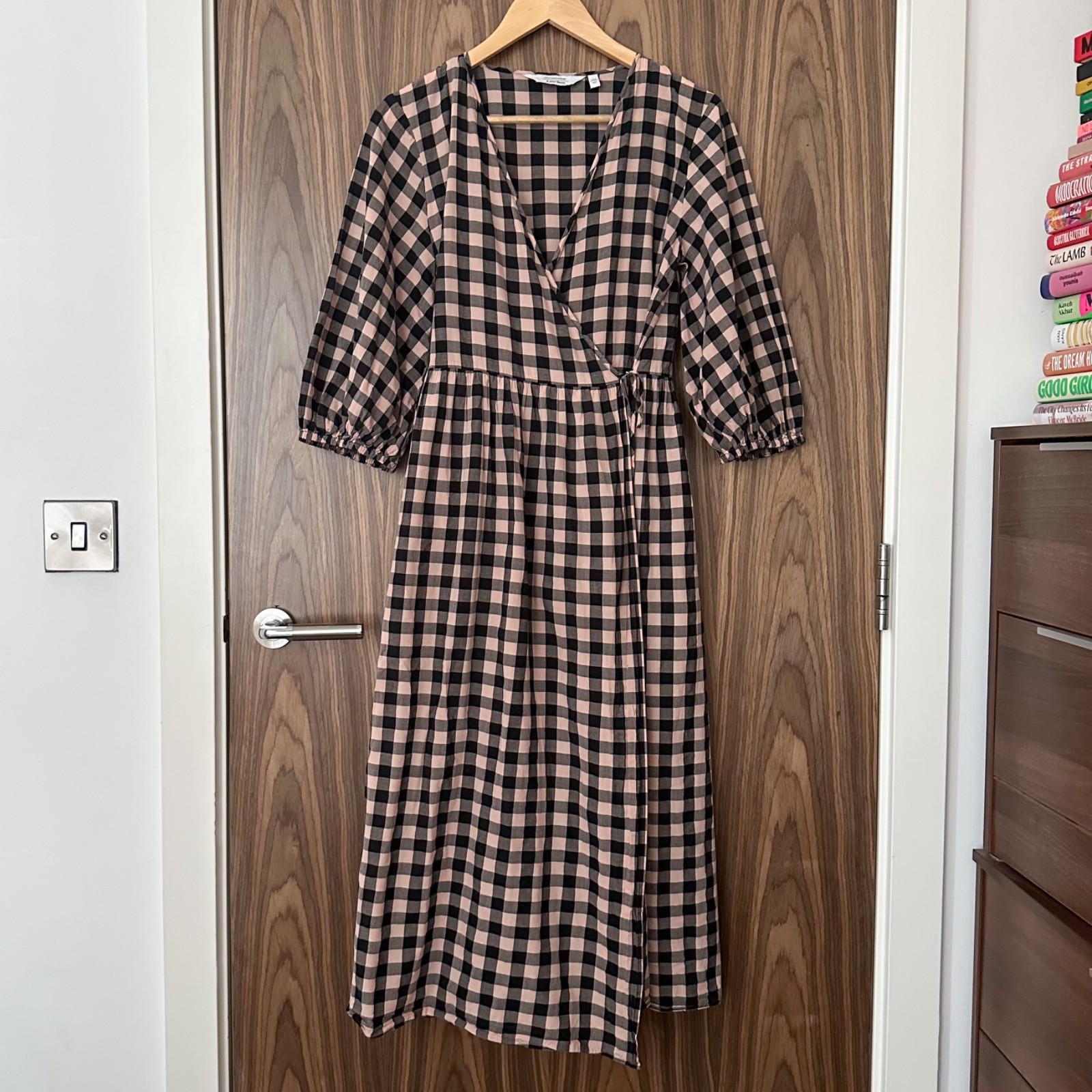 & Other Stories Pink Peach Black Gingham Check Wrap Puff Sleeve Midi Dress 10