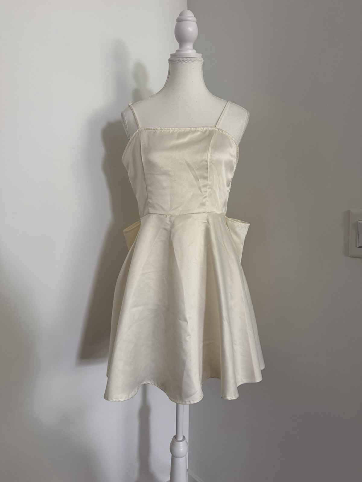 Ivory Solid Satin Mini Dress Square Neck Lace-Up Back Bow Straps Size M