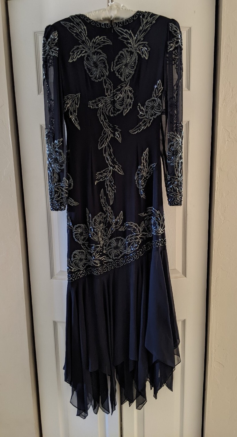 Creative Creations M black 100% silk hand beaded party flapper swing sheer flora