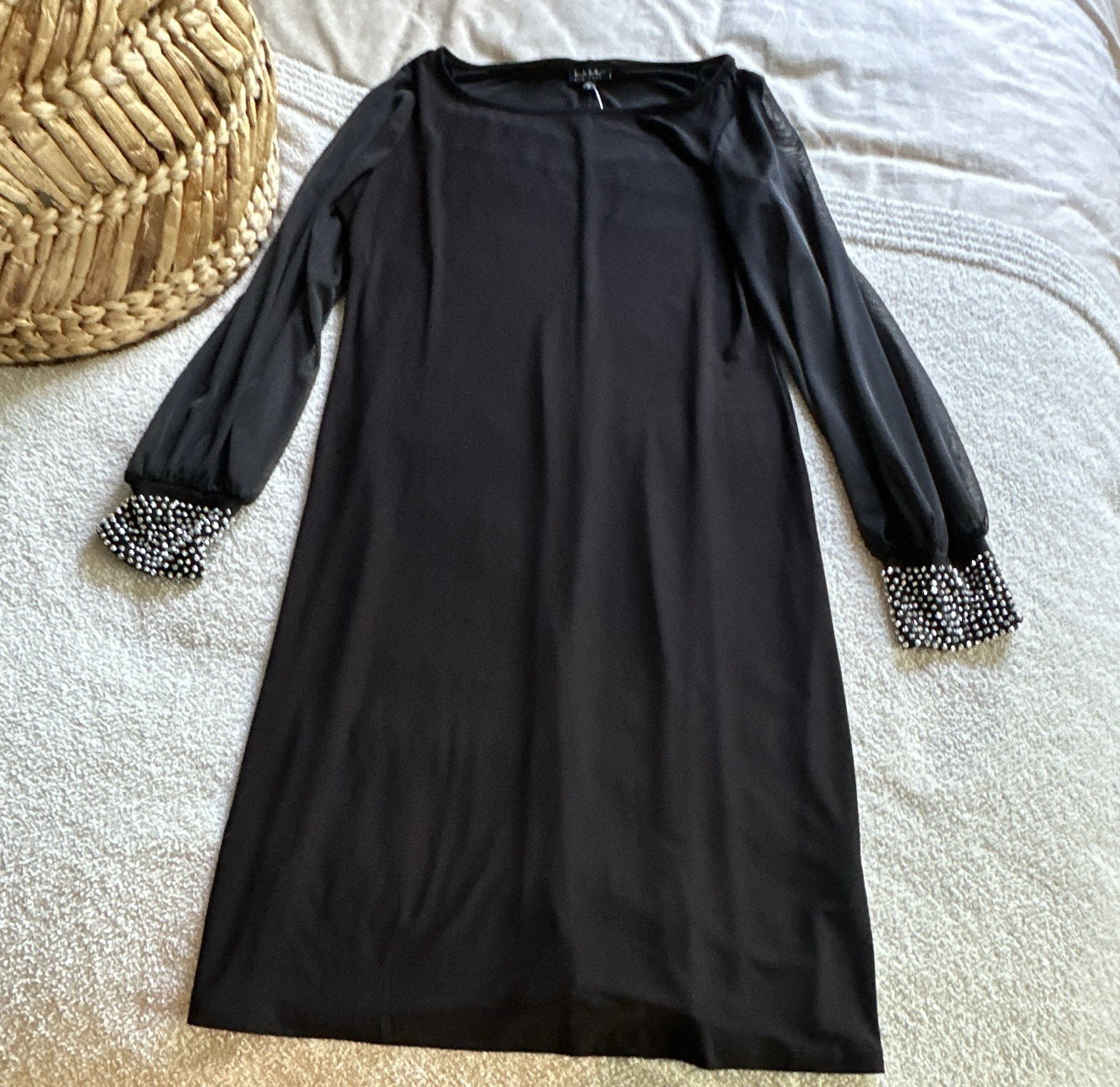Nicole Miller New York Black Shift Dress 3/4 Sleeve Size S Beaded Cuffs