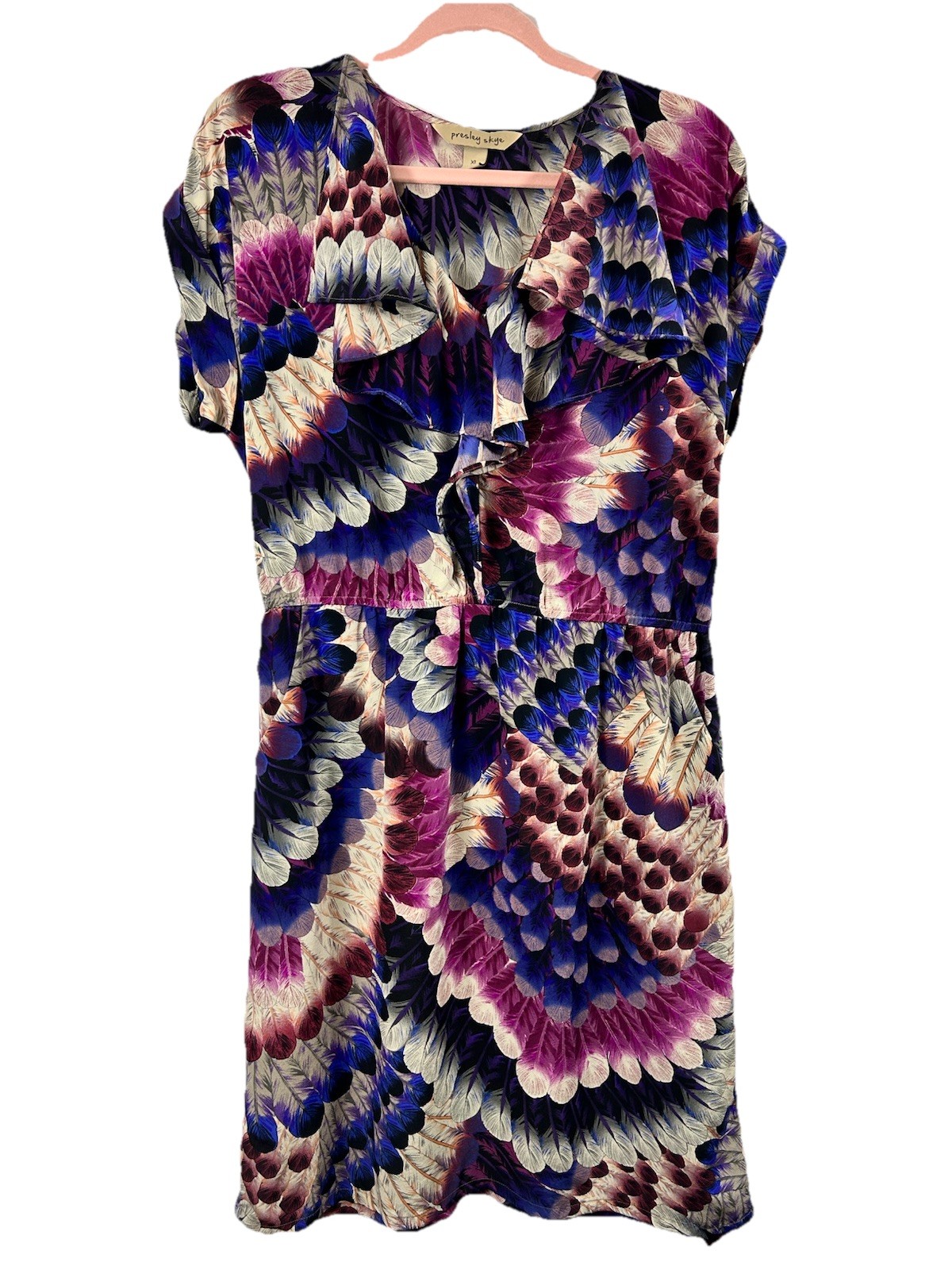 Presley Skye 100% Silk Dress XL Feather Print Ruffle Pockets Maximalist Boho Art