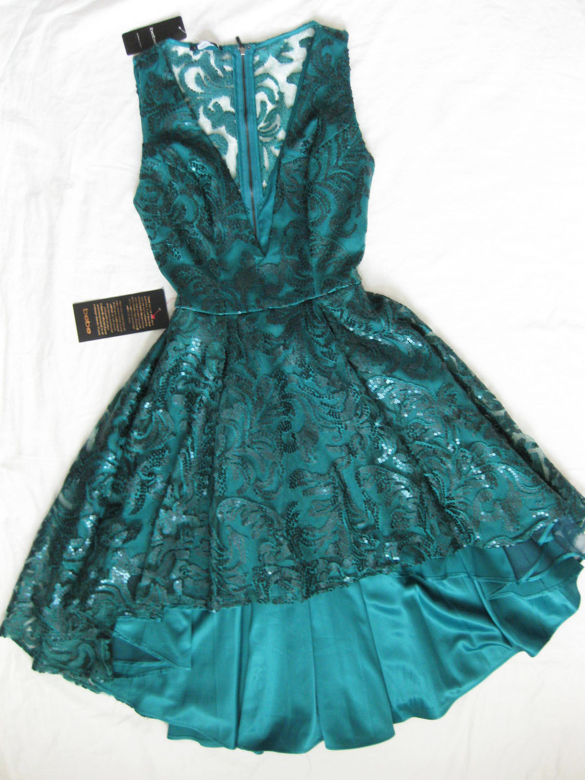 BEBE DEEP V EMBELLISHED LACE SEQUIN HI LO DRESS NWT NEW $279 MEDIUM M LARGE L 10