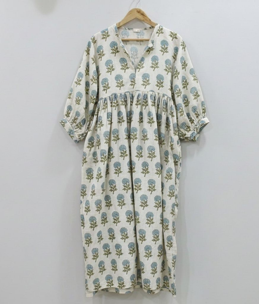 Hand Block Print Kyra Midi Dress Women Cotton Boho Summer Resort Wear