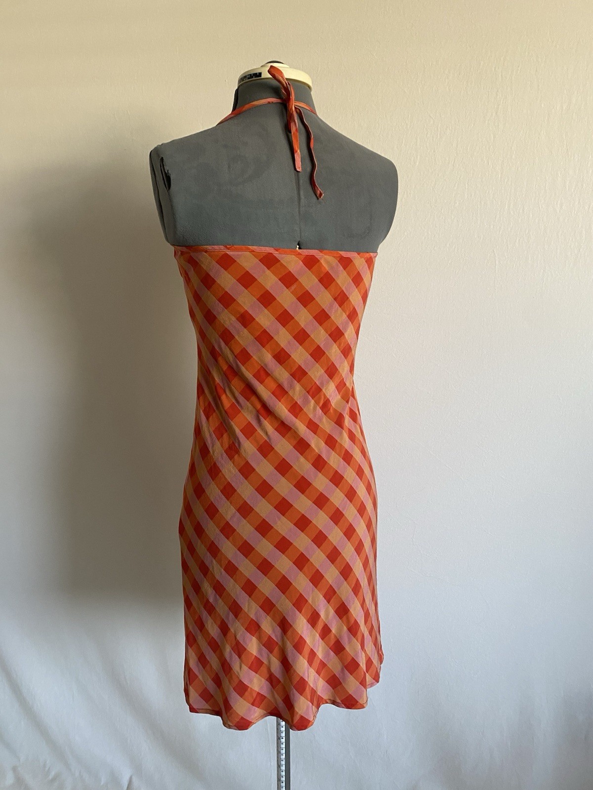 LHD 100% Silk Orange Pink Gingham Halter Mini Dress Open Back Size 4
