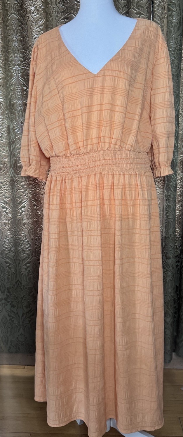Indigo Rose Peach Striped V-Neck Smocked Ruffle Midi Dress 3/4 Sleeve 2X