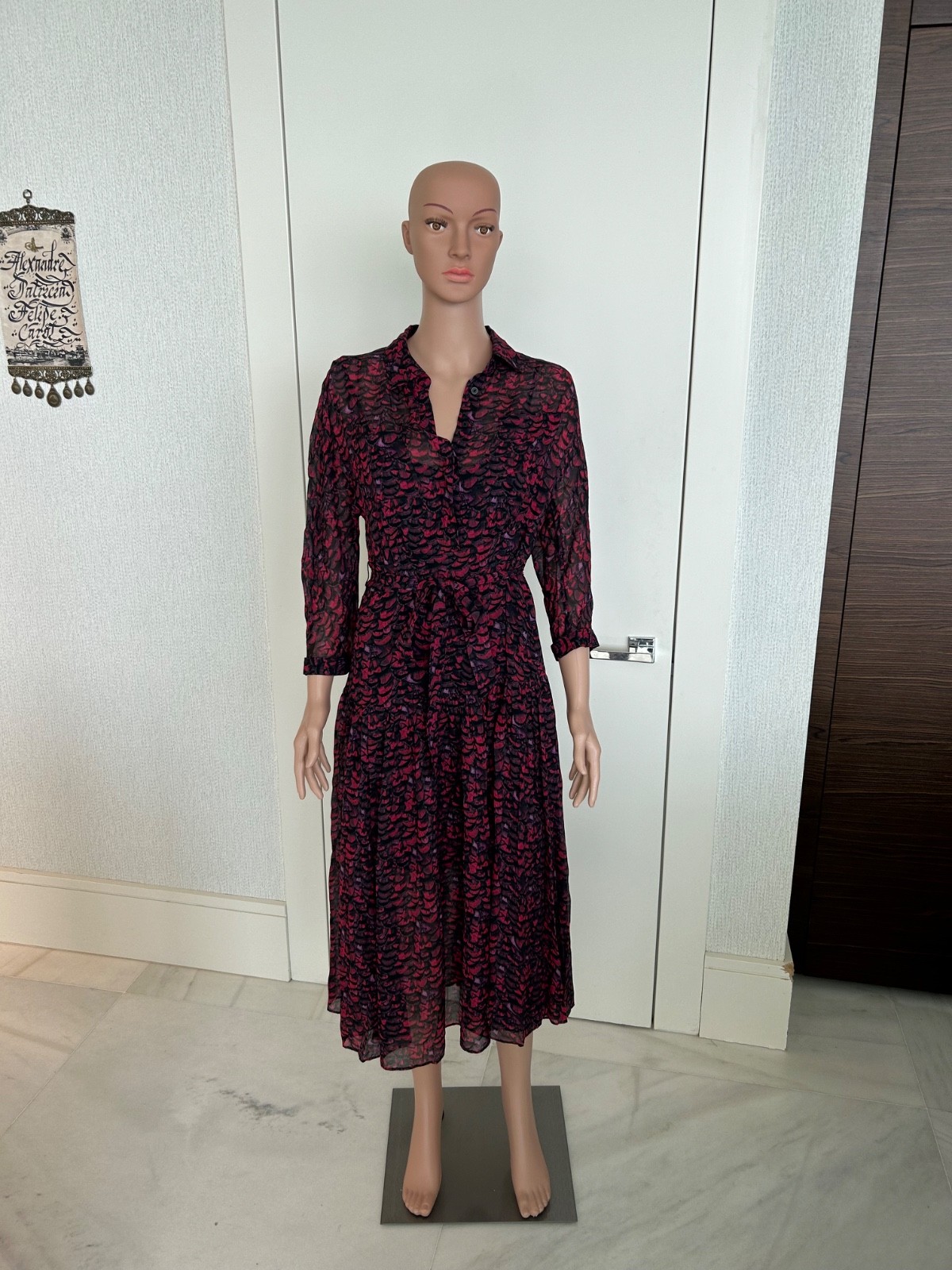 AllSaints Eley Plume Shirtdress US 6 Abstract Feather Print Belted Midi