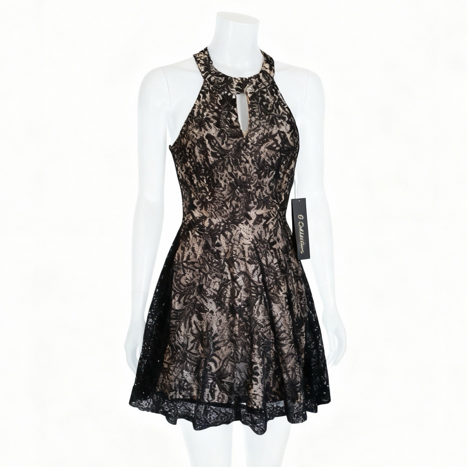 Black Nude Tan Liner Floral Mini Dress Front Back Keyholes Halter Party Festival