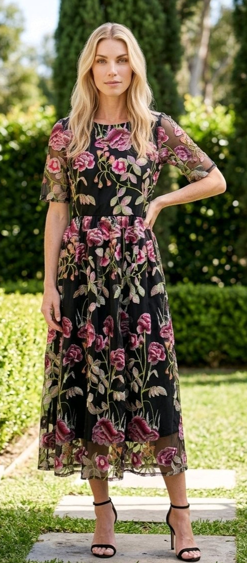 Antoinette Dress Floral Embroidery Mesh Overlay Fairy Boho Wedding Guest MOB S
