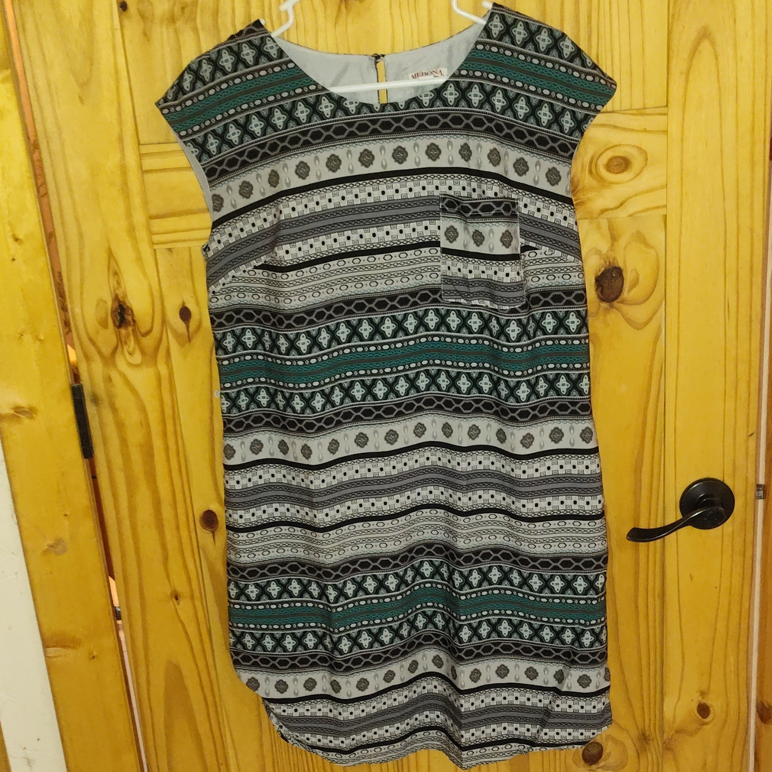 Merona Geometric Shift Dress Sleeveless Pockets Zip Knee Length M Gray Teal