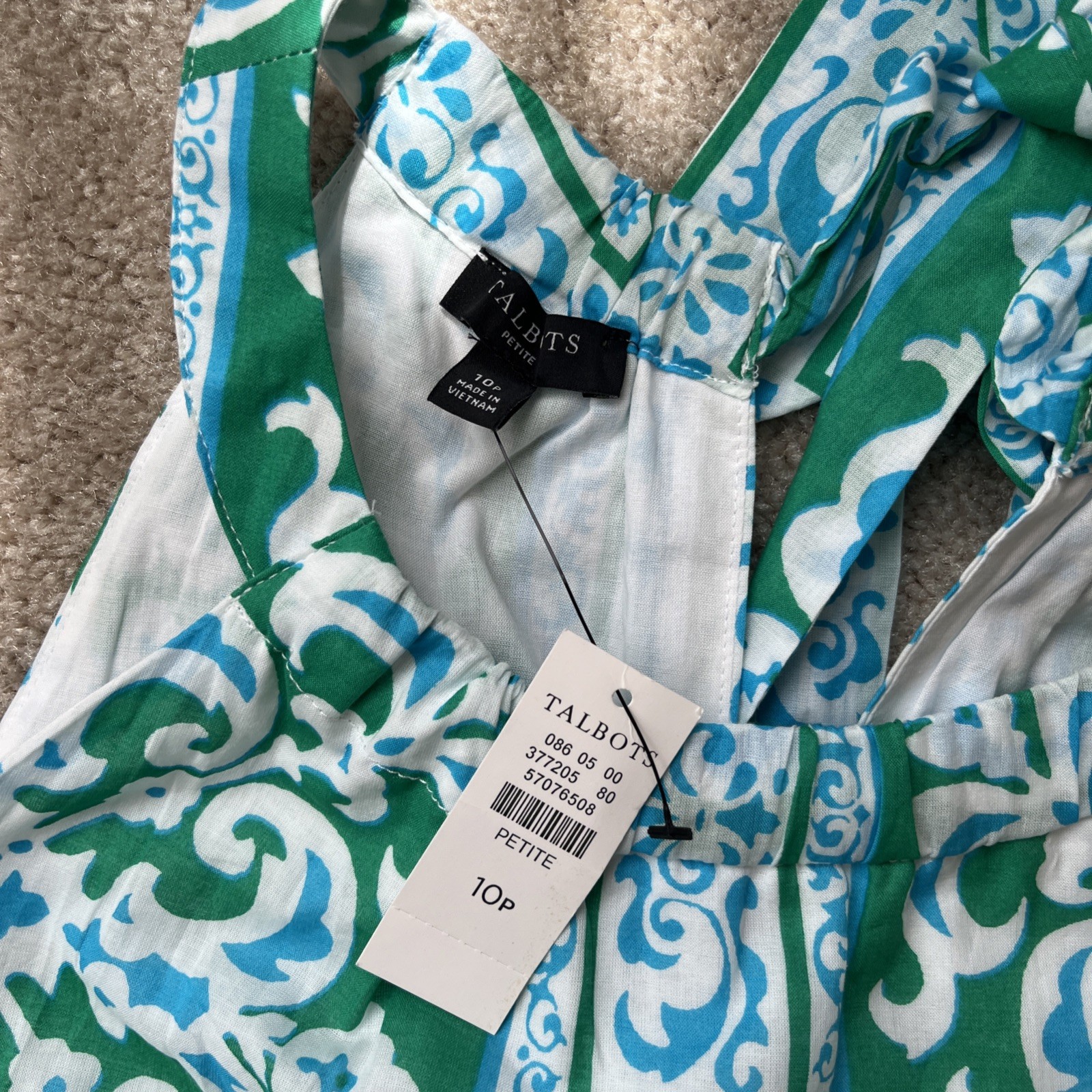 Talbots Maxi Dress 10P Green Blue Halter Medallion Fit Flare Preppy Resort Beach