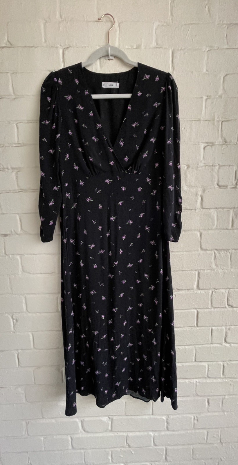 Mango MNG Black & Purple Floral Midi Dress M 3/4 Sleeve Viscose Dress Women’s