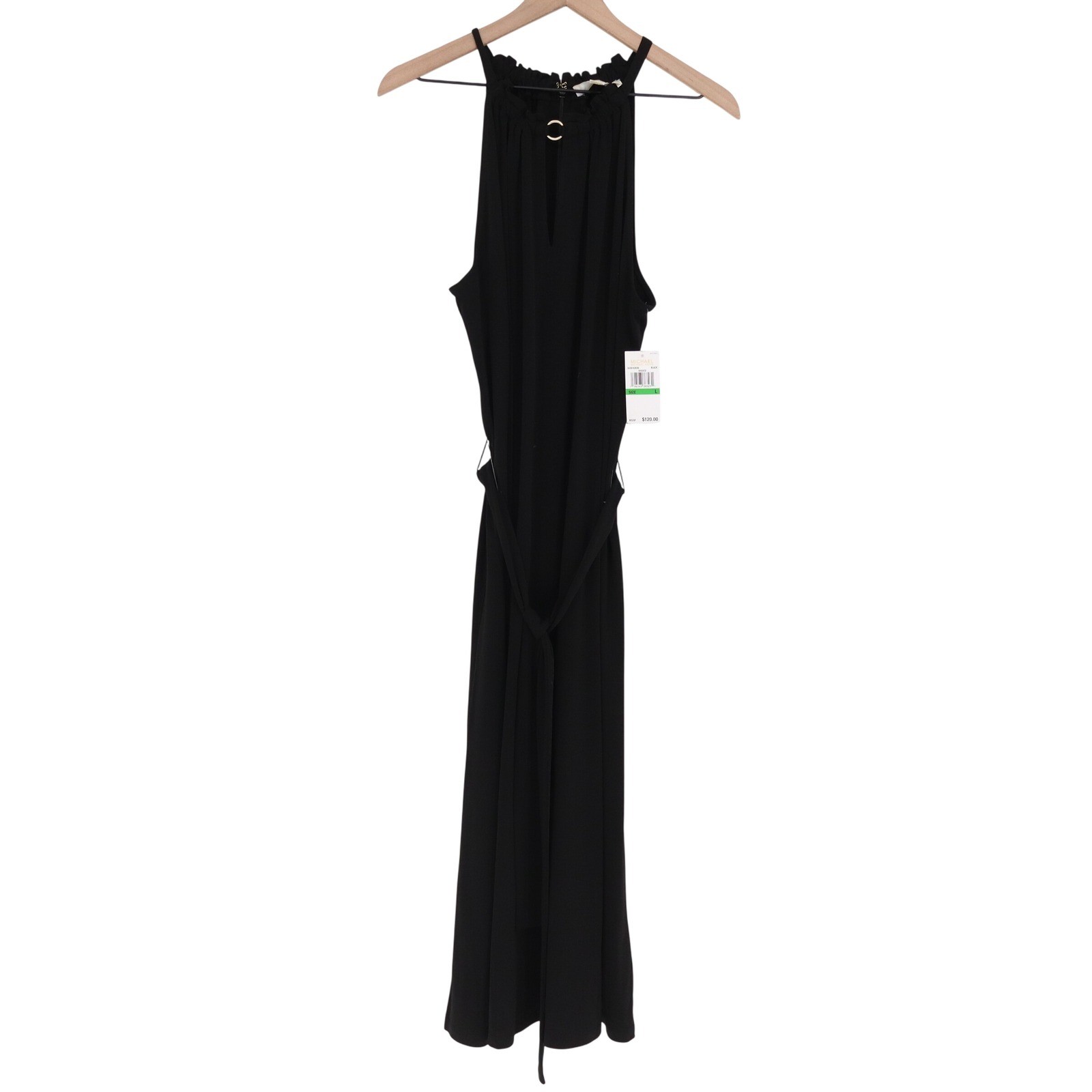 Michael Kors Black Halter Neck Midi Dress Ruffle Keyhole Ring Belted Large NEW