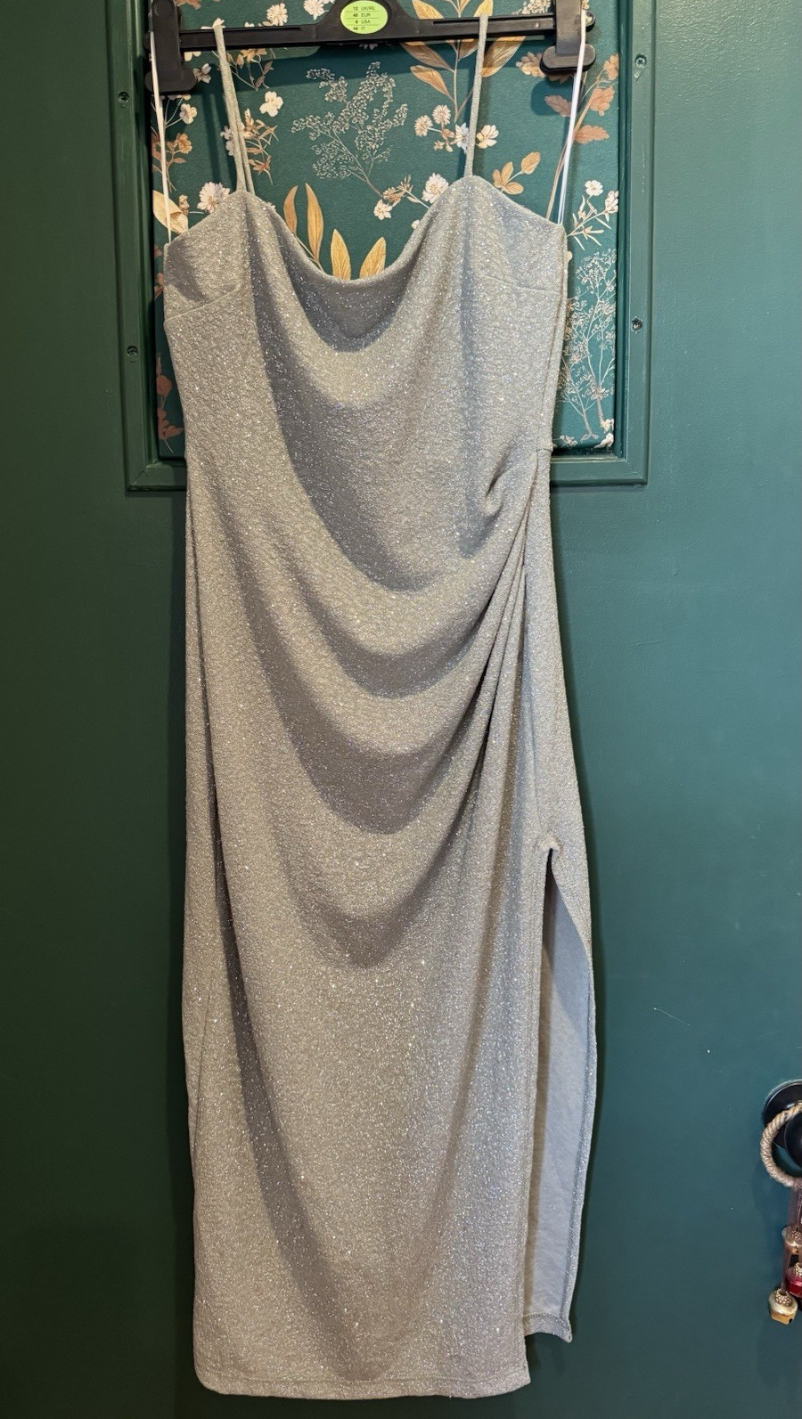 Windsor Silver Glitter Bodycon Midi Dress XL Cowl Neck Side Slit Ruched