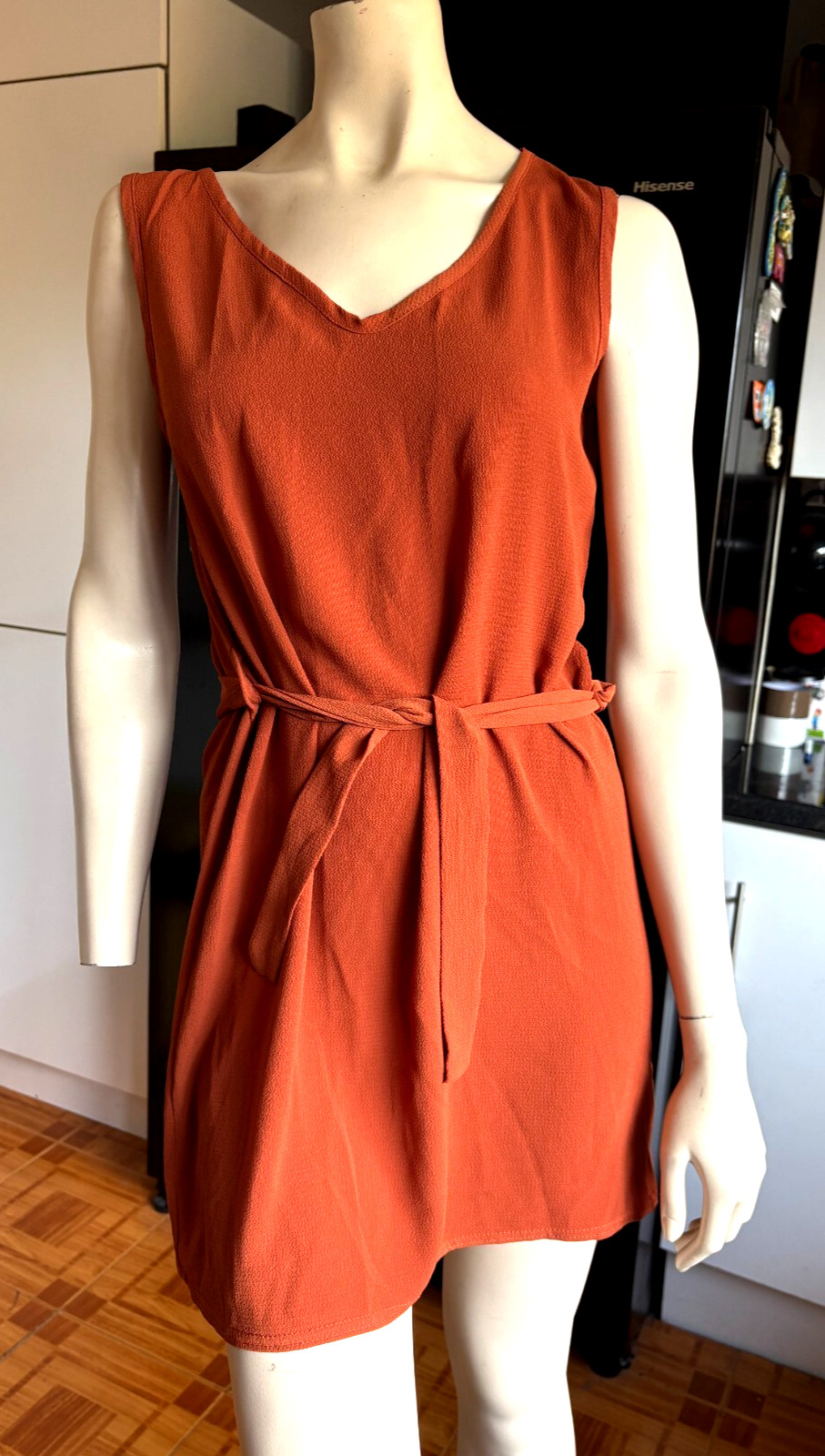 VGC Ladies BOOHOO Rusty INDIAN Paprika COPPER BROWN BELTED V-Neck Tunic Dress 10