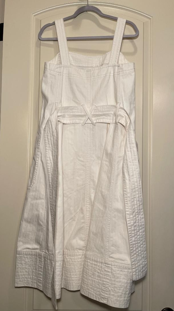 Everlane Womens Ivory Denim Organic Cotton Strap Flare Dress/Pockets/Wide Sash S