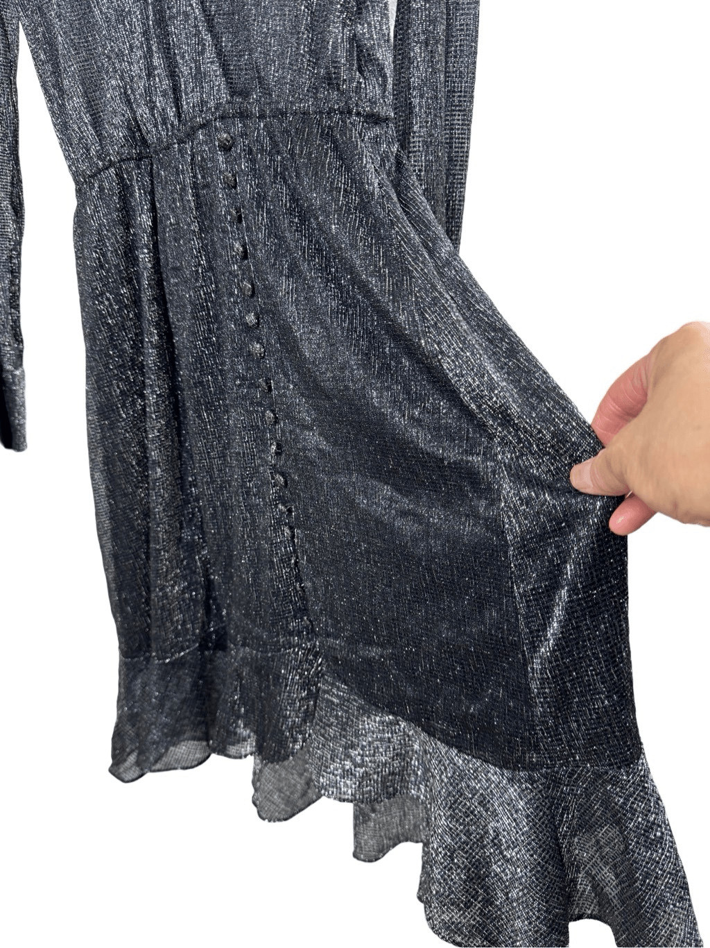 NWT Berenice Metallic Black Long Sleeve Mesh A-line Dress V-neck Ruffle Hem