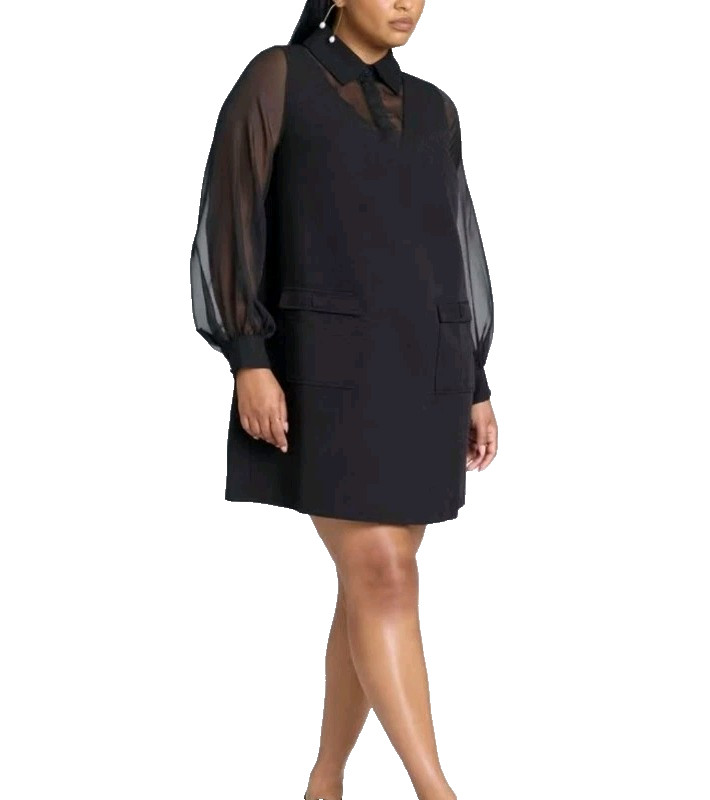 Eloquii Sheer Long Sleeve Shirt Dress Black Knee-Length Womens Plus Size 20