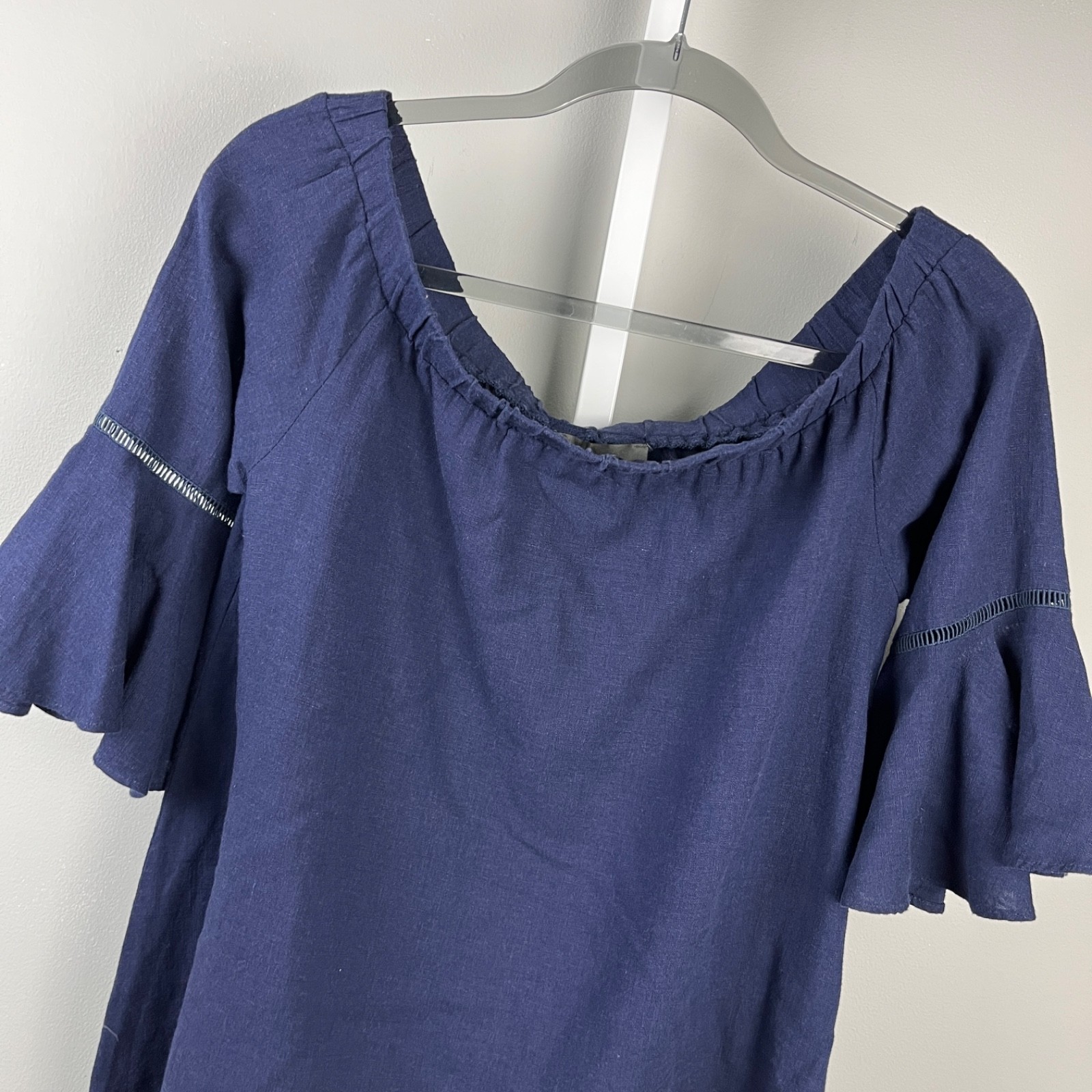 Forcynthia Beachwear Linen Blend Tunic Dress Womens S Navy Blue Off Shoulder