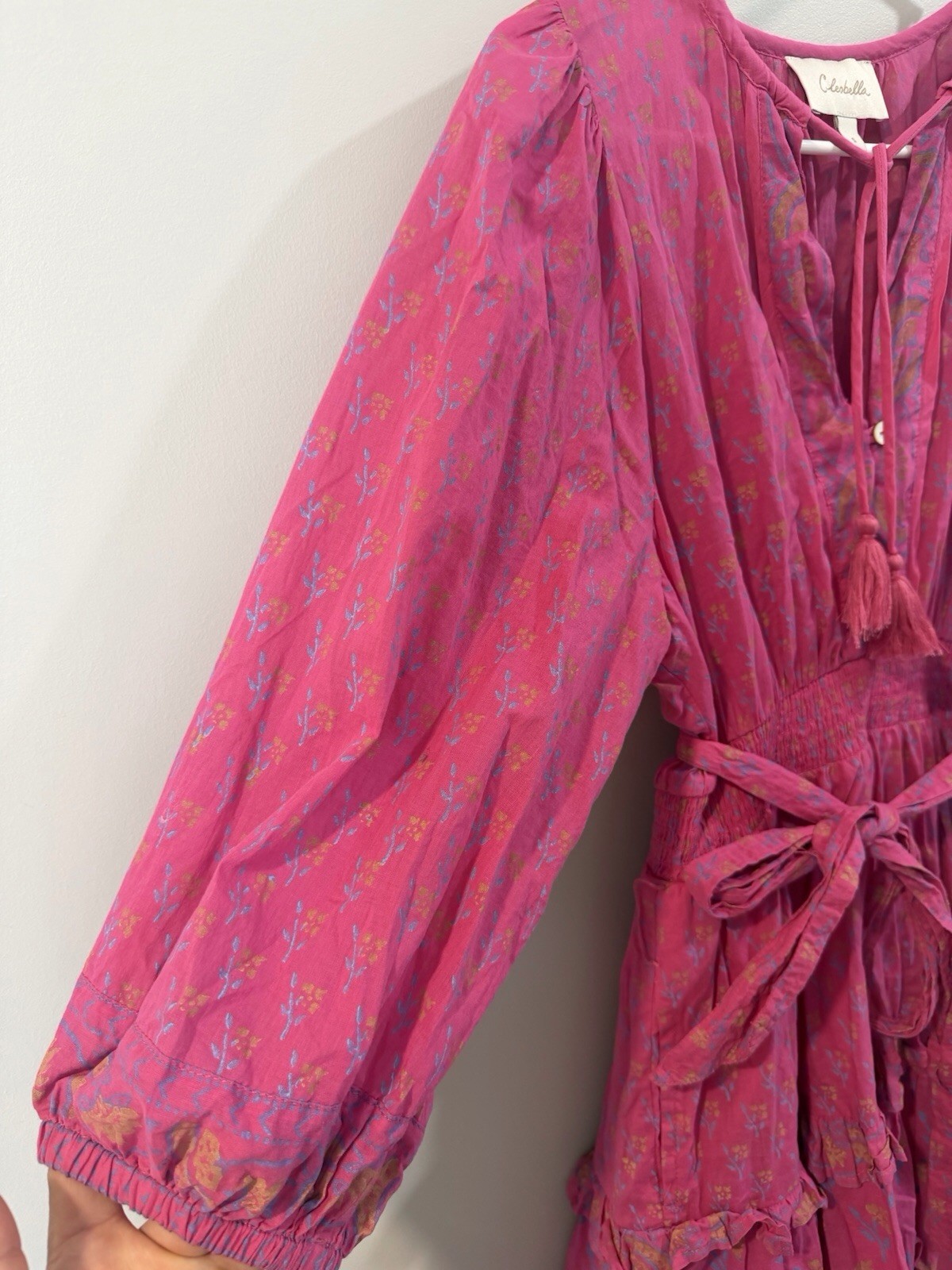 Cleobella Hot Pink Ruffle Boho Flower Print Dress Organic Cotton Size Small