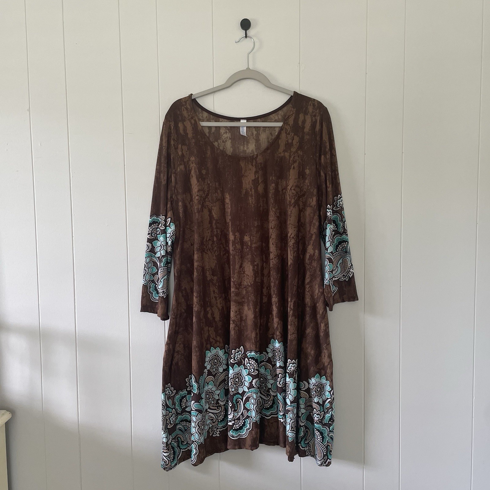 Paisley Grace Brown And Turquoise Paisley Long Sleeve Midi Dress With Pockets