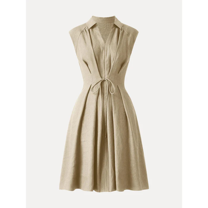 OGL – Viscose-Linen Collared V-neck Midi Dress with Drawstring