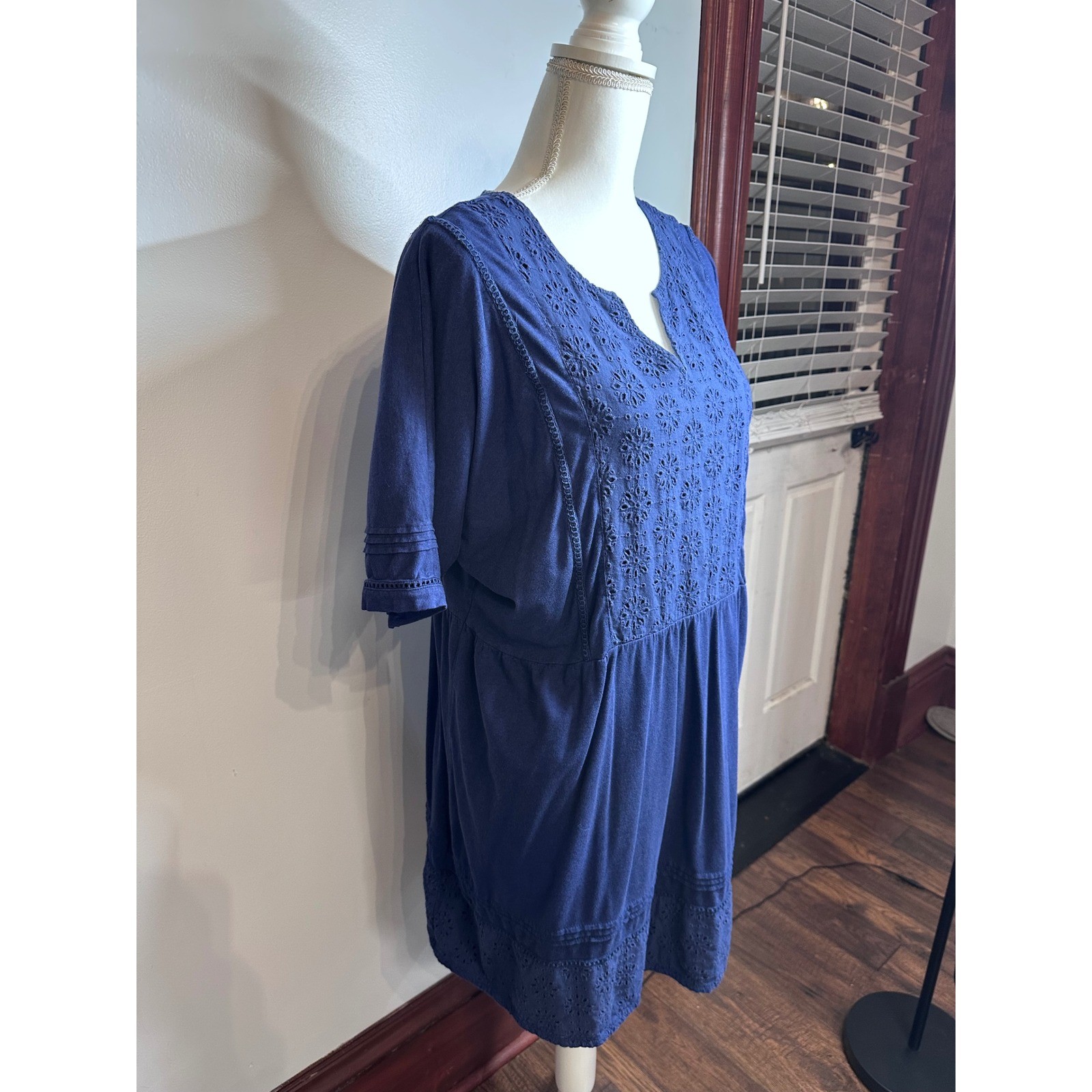 Sweet Magnolia Navy Blue Eyelet Embroidered Short Sleeve Shift Dress Womens XL