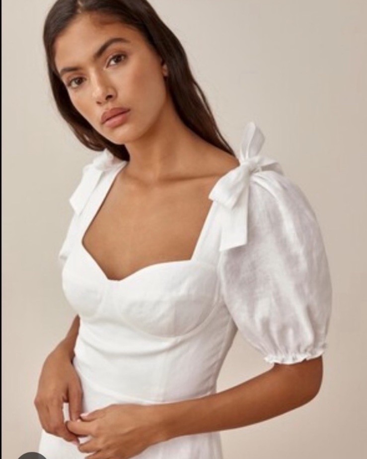 Reformation Spring Linen Mini Dress Bow Detail Puff Sleeves White Size 4