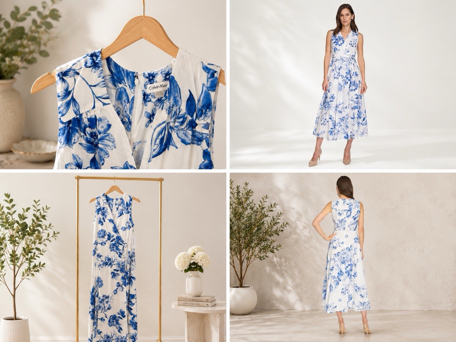 Calvin Klein – Floral Blue and White Wrap Midi Dress Size 8 – New with tags