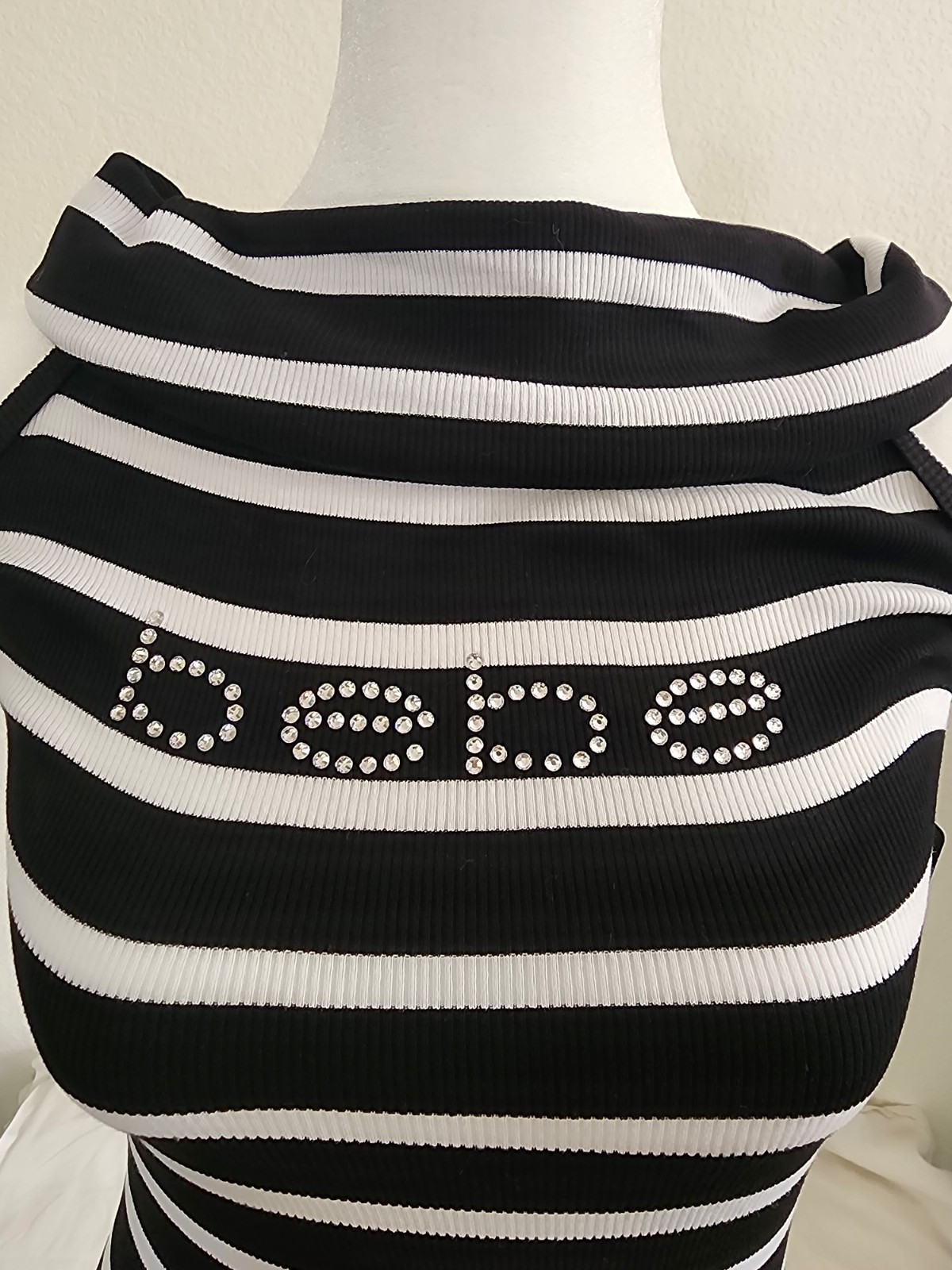 bebe Womens Dress Small Black White Striped Rhinestone Logo Fold Over Neck NWT