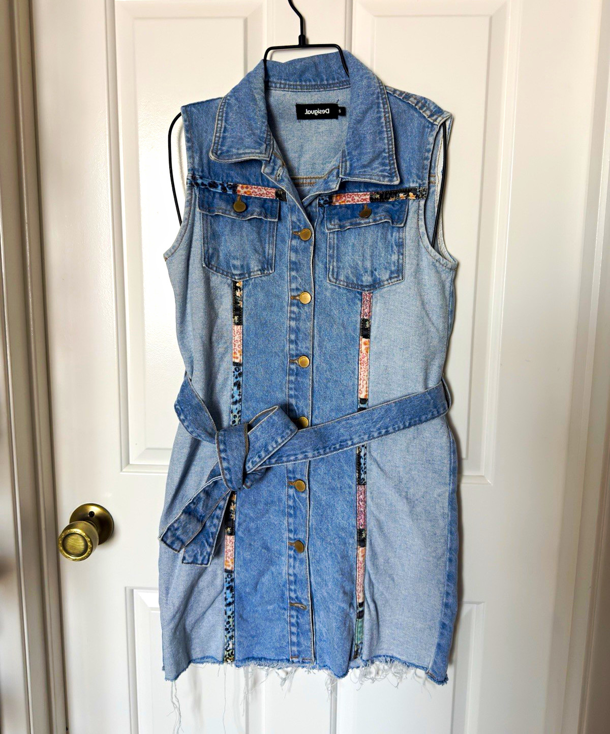 Desigual Blue Denim Sleeveless Shirt Dress Collared Button Front Belted Size S