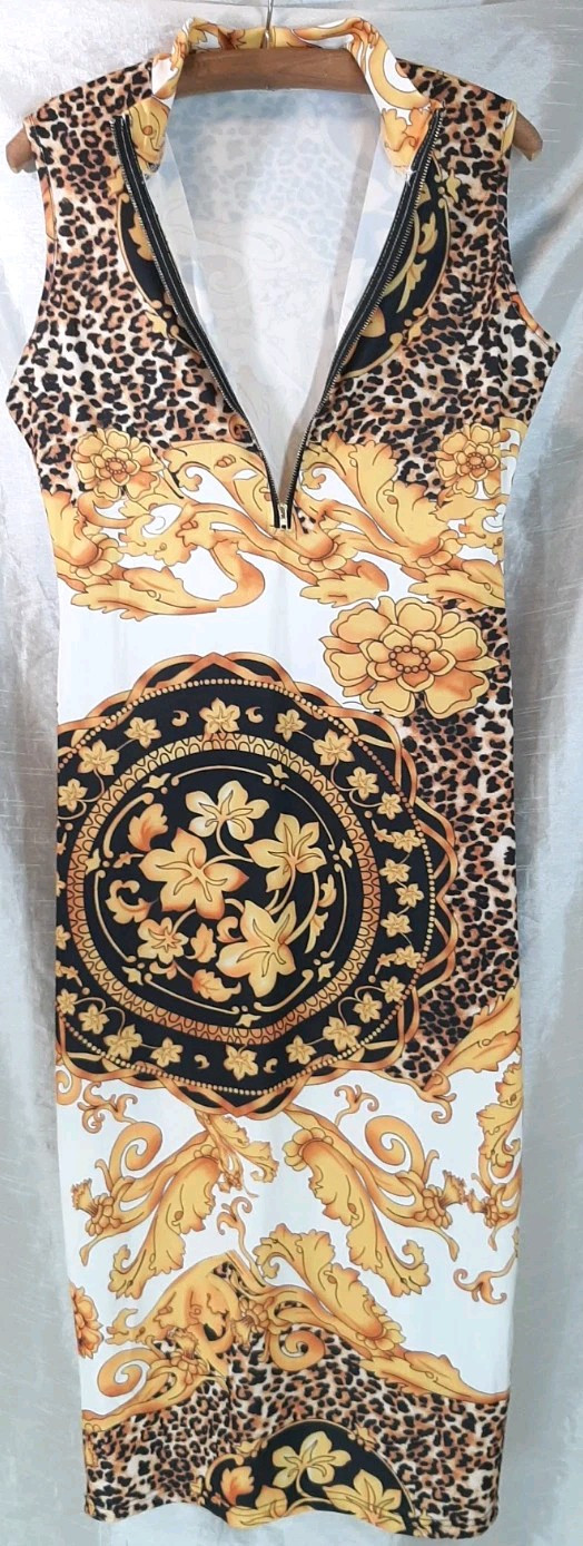 NWOT Zip Down V-neckline Bodycon Midi Dress Strap Tie Waist Floral/Animal Print