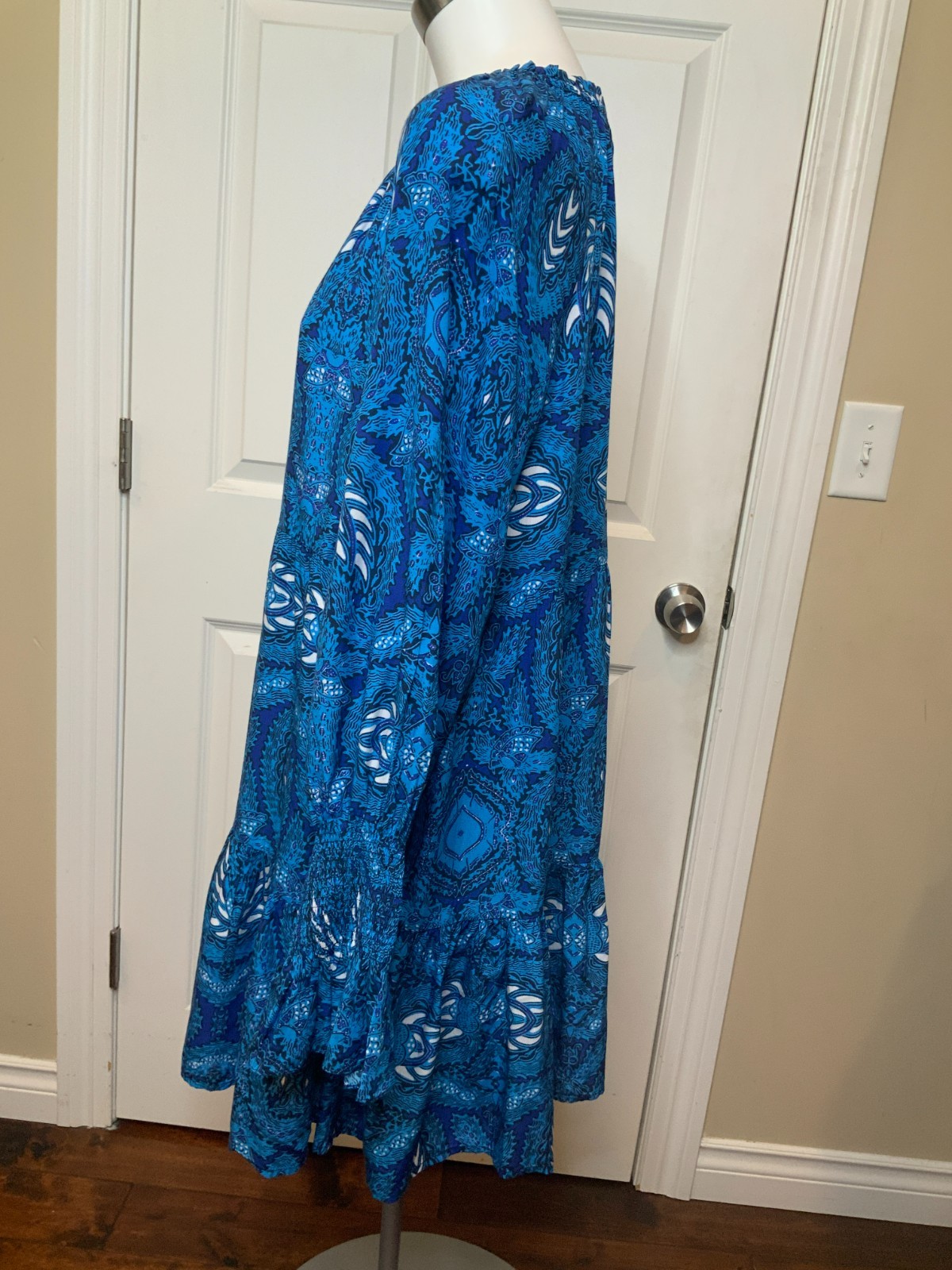 Figue Blue White Batik Print Long Sleeve Flowy Bella Dress, Size Medium