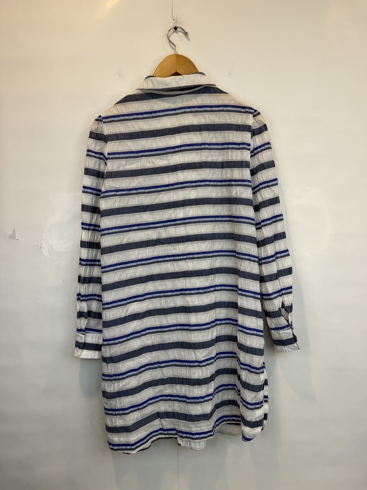 Pearl by Lela Rose Blue White Striped Button Front Tunic Shirt Dress Size Large