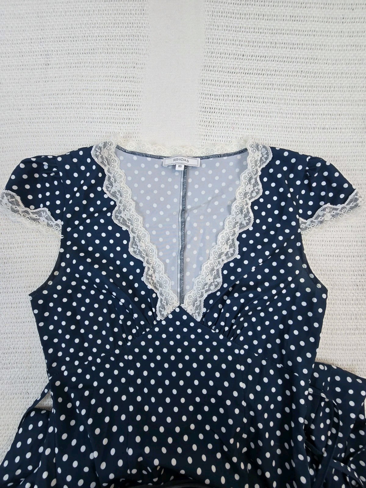 RIHOAS Navy White Polka Dot Lace Trim V-Neck Maxi Dress XS Short Sleeve