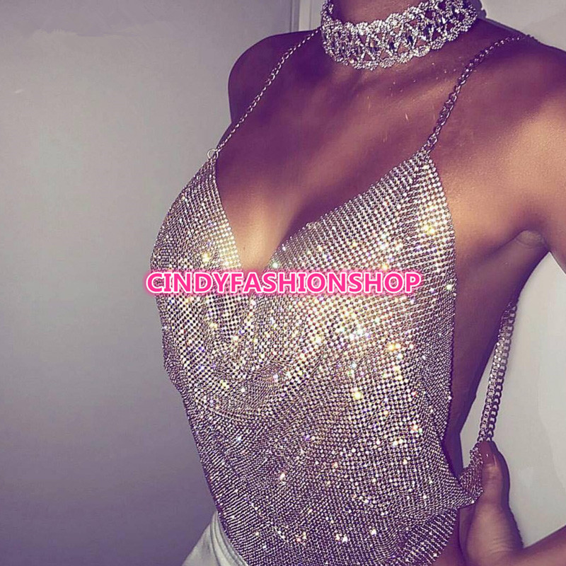 USA Women Halter Handmade Shiny Rhinestones Crop Top Backless Summer Beach Chic