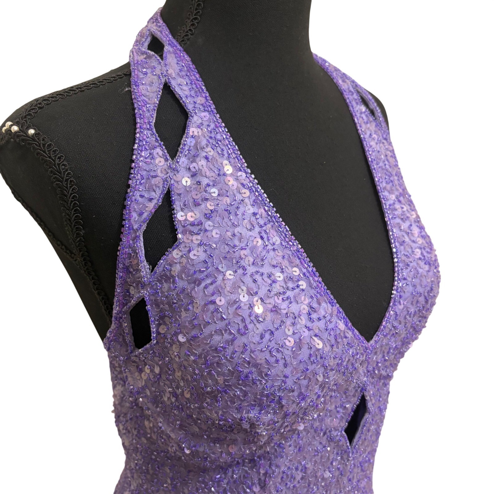 Vintage Scala Silk Beaded Sequin Halter Gown Purple Formal Evening Prom Dress
