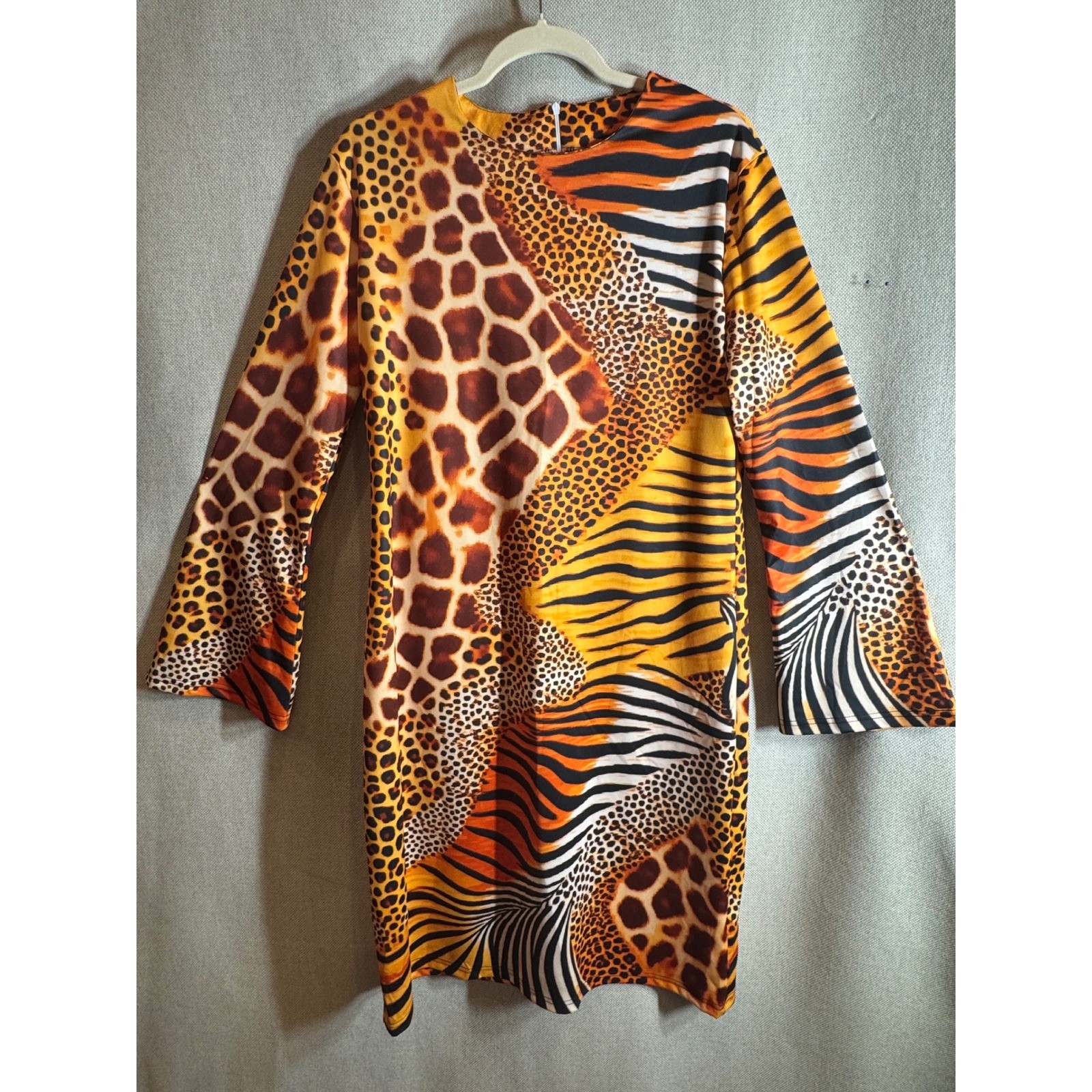 Mixed Animal Print Long Sleeve Shift Dress Orange Leopard Zebra XXL