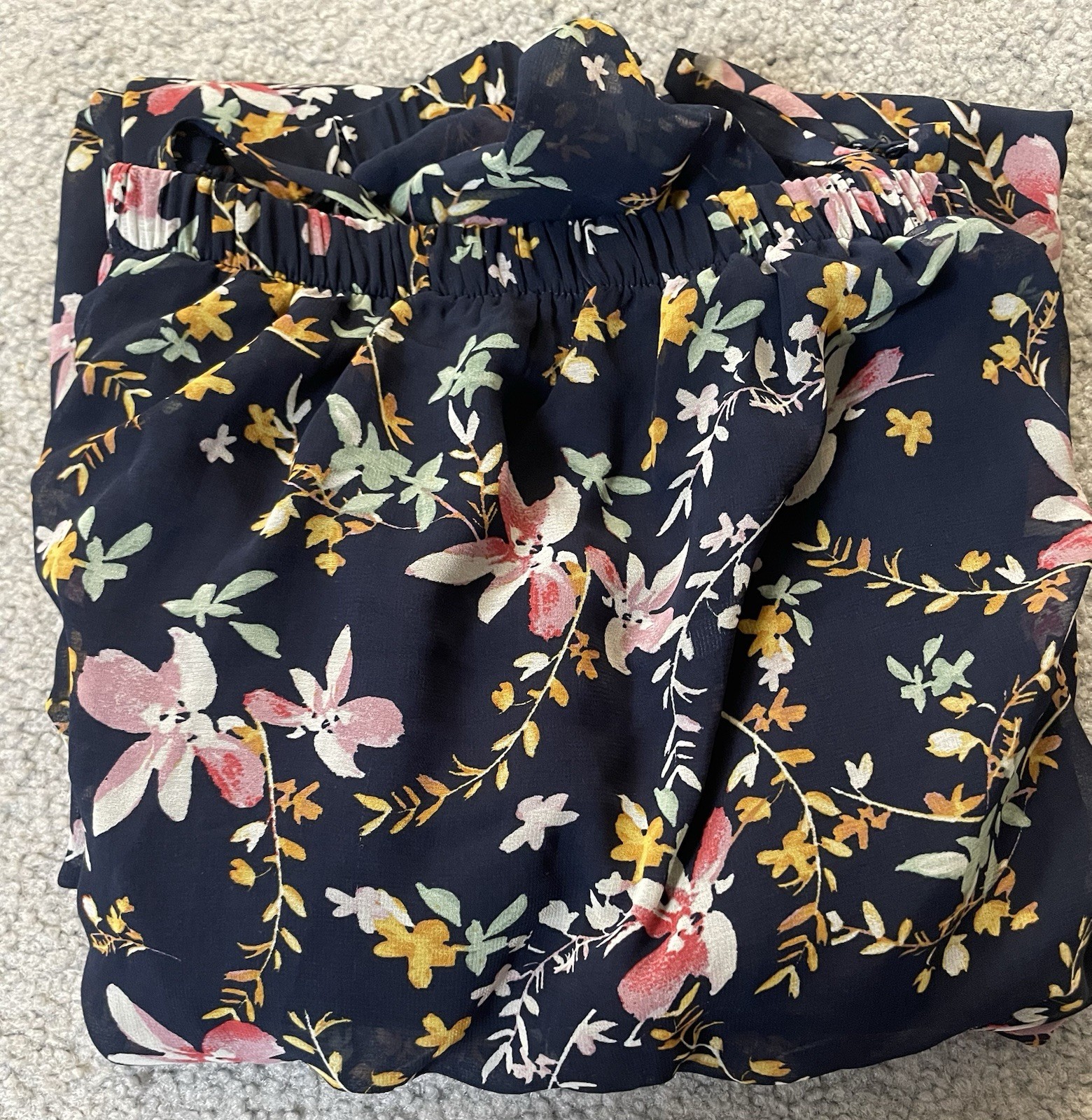 Off The Shoulder Floral Maxi Dress Sz L Navy Gold Elastic Waist Prairie Beach
