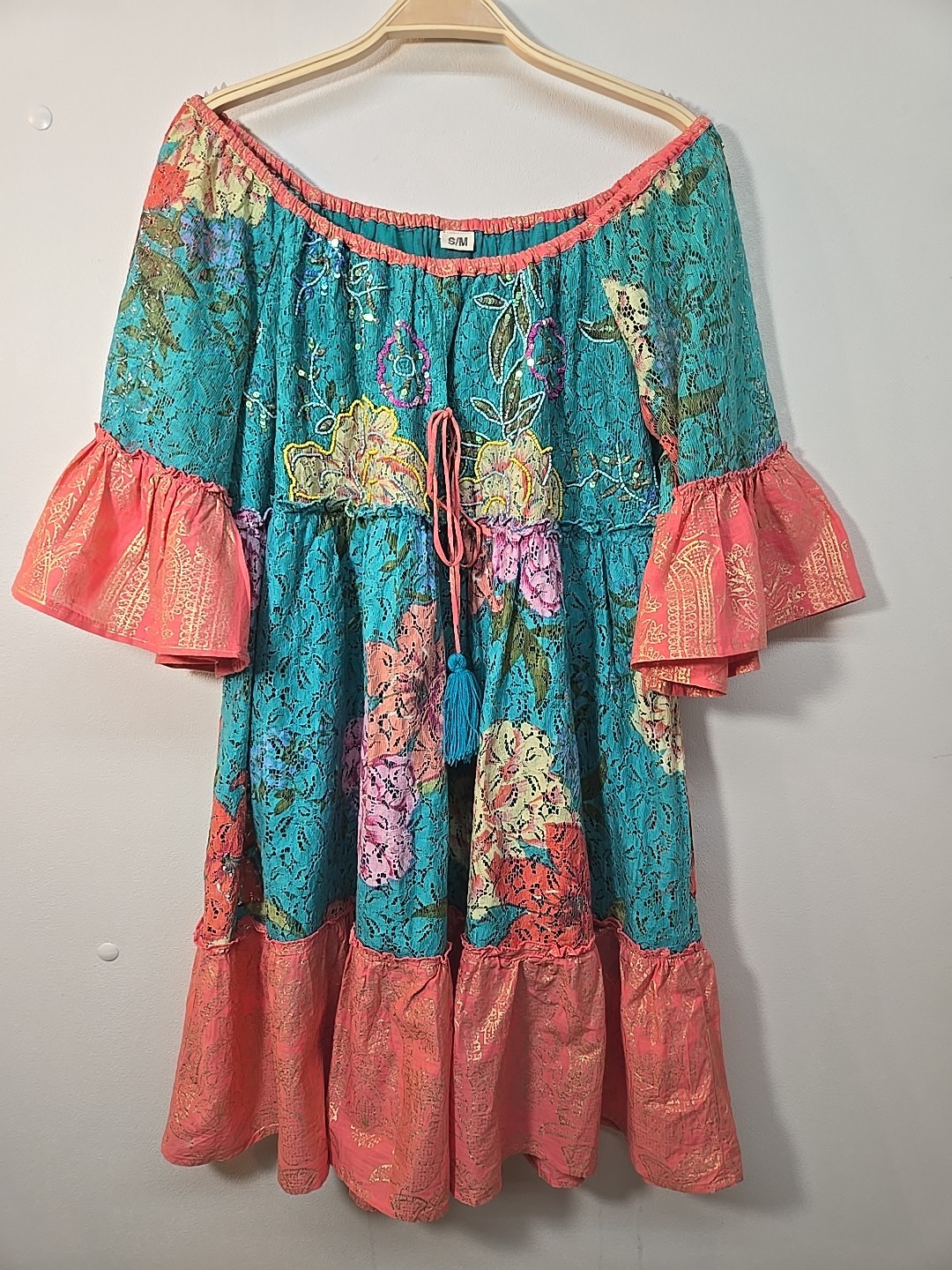 NWOT Boho Embellished Colorful Beaded And Sequin Ruffle Details Mini Dress S/M