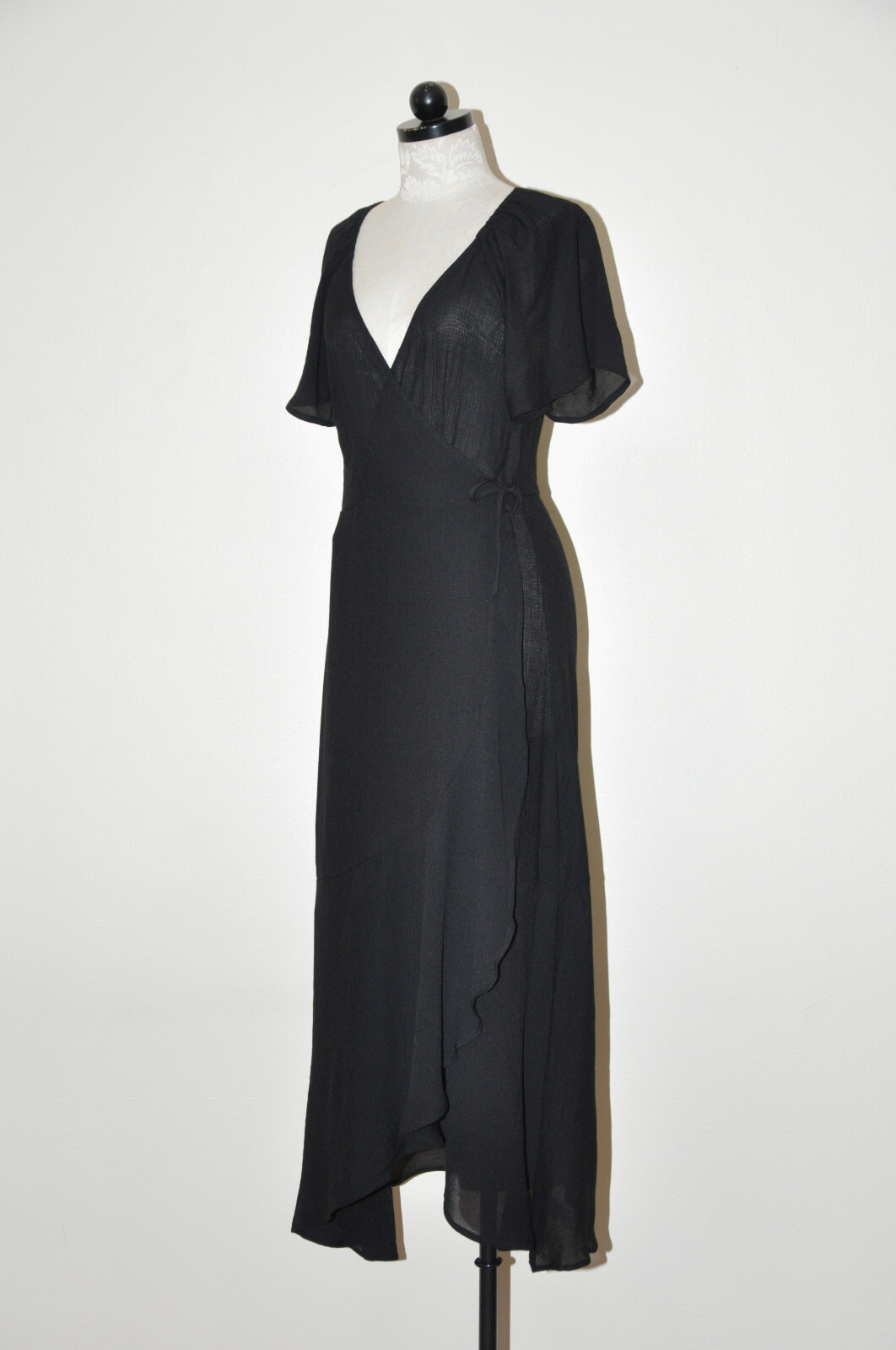 Lush Black Cotton Gauze Sheer Plunging Neckline Long Maxi Wrap Dress LBD Women M