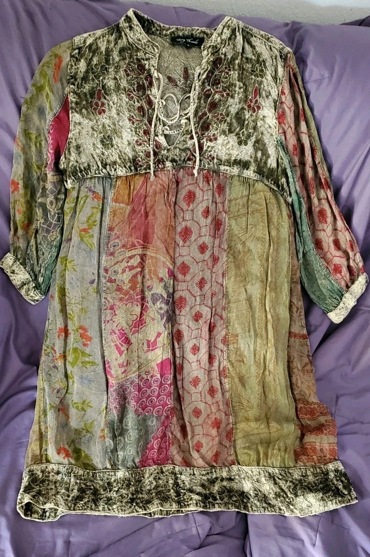 Young Threads Embroidered Boho Hippie Patchwork Flowy Lined Dress Size S