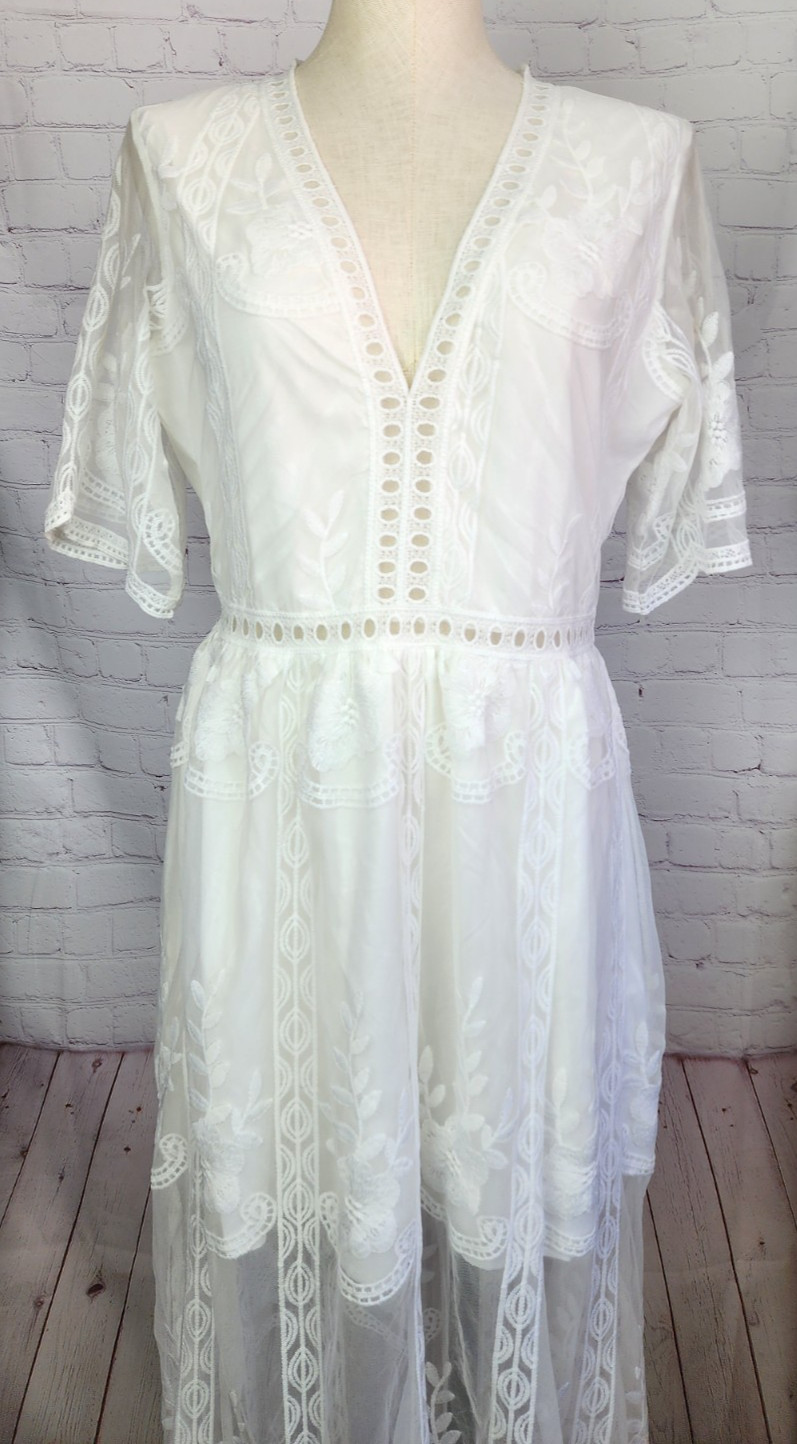 Boho Dress Romantic Sheer Lace Lined Side Slits Wedding Hippie Coquette Size S