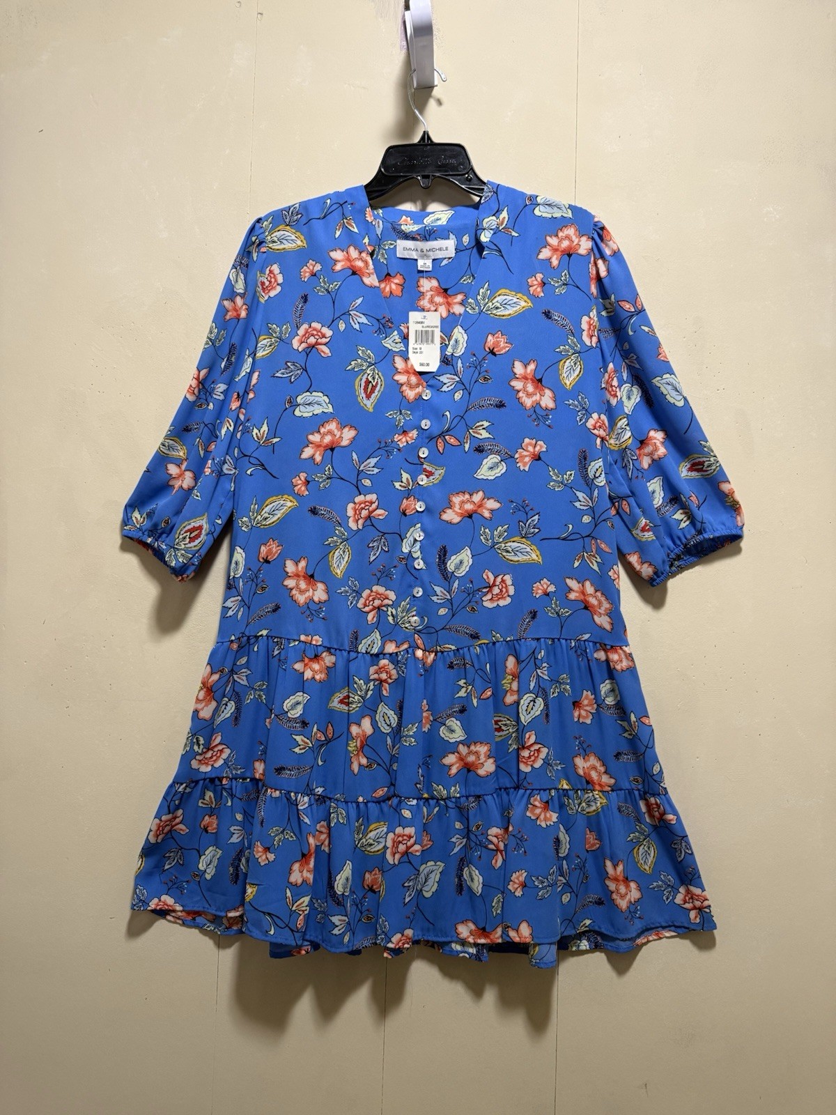Emma & Michele Floral Tiered Knee length Dress Button Detail Women’s Sz M / Blue