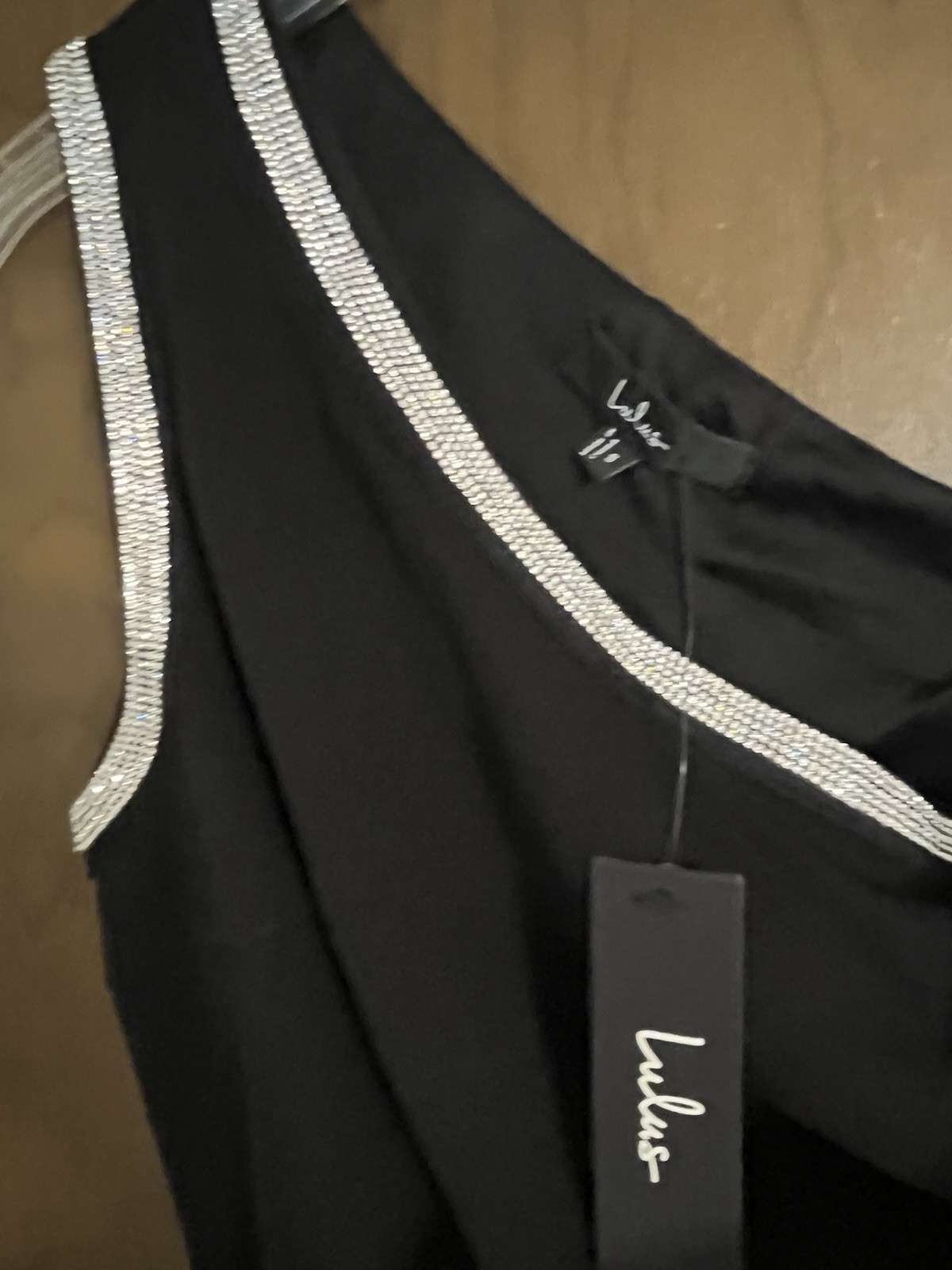 Lulus Black Satin One Shoulder Rhinestone Trim Maxi Dress Zip S