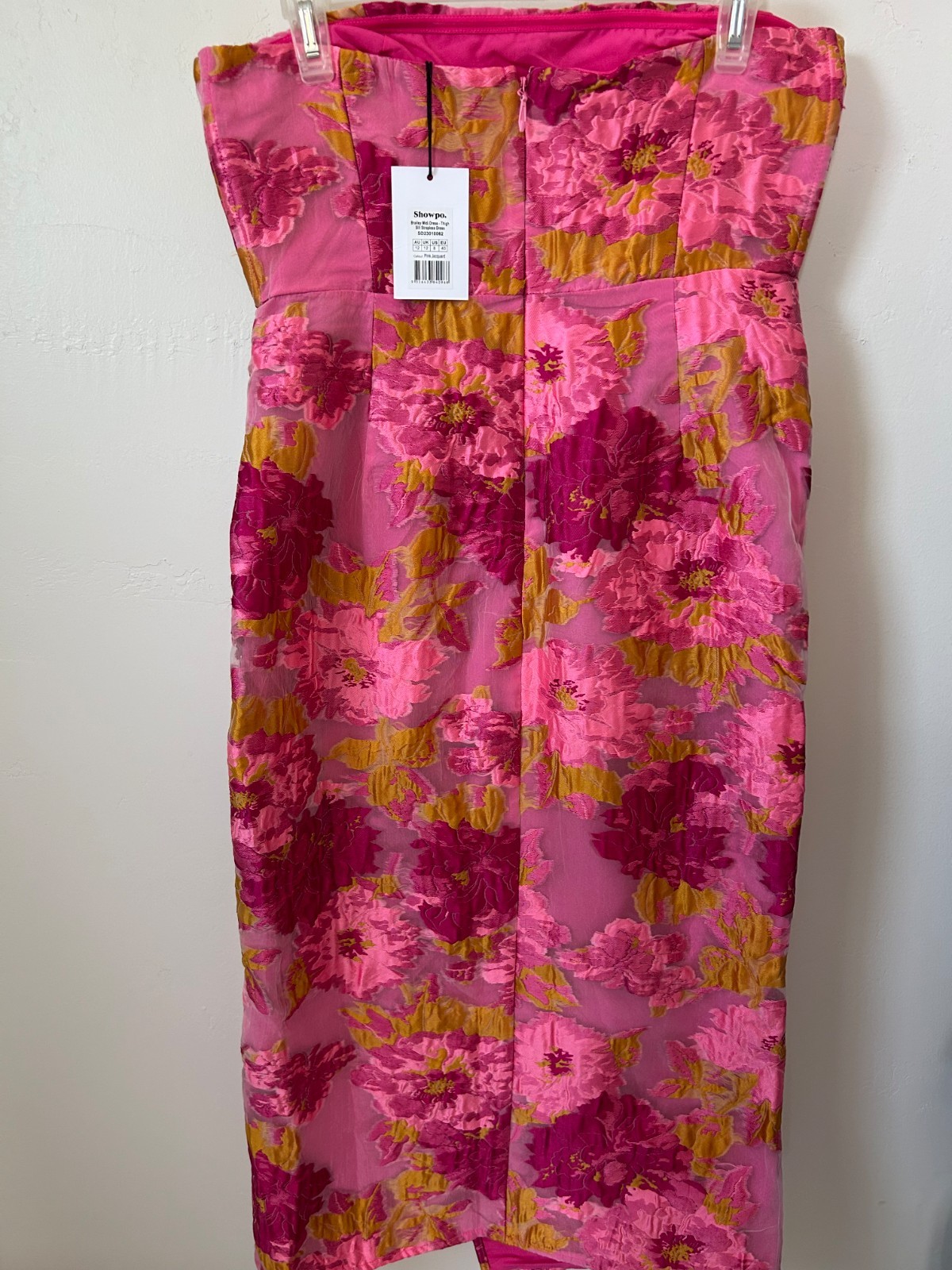 NWT Showpo Brailey Midi Dress Pink Floral Jacquard Strapless Thigh Slit US 8